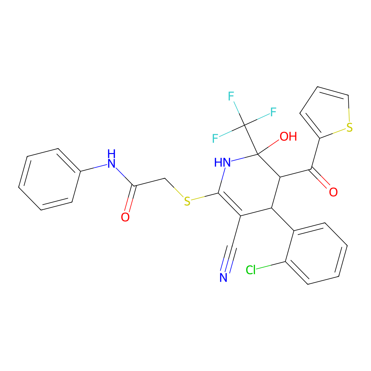 2-((4-(2-chlorophenyl)-3-cyano-6-hydroxy-5-(thiophene-2-carbonyl)-6-(trifluoromethyl)-1,4,5,6-tetrahydropyridin-2-yl)thio)-N-phenylacetamide molecular structure, CAS 477523-81-2