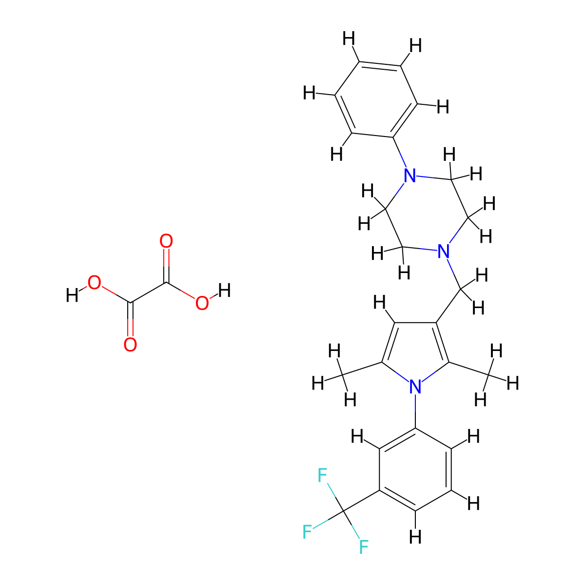 1-((2,5-dimethyl-1-(3-(trifluoromethyl)phenyl)-1H-pyrrol-3-yl)methyl)-4-phenylpiperazine oxalate molecular structure, CAS 477526-83-3
