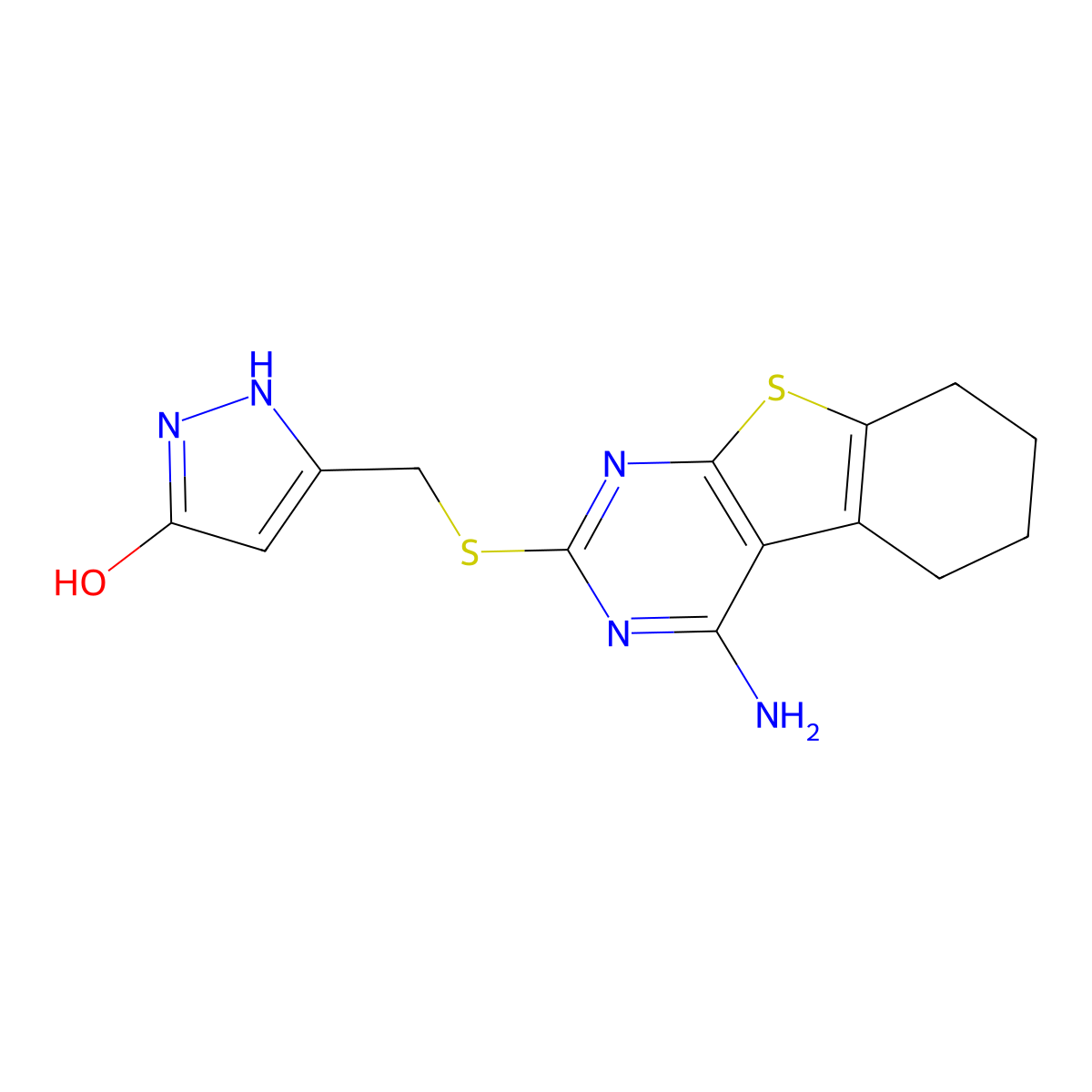 5-{[(4-amino-5,6,7,8-tetrahydro[1]benzothieno[2,3-d]pyrimidin-2-yl)sulfanyl]methyl}-1H-pyrazol-3-ol molecular structure, CAS 477526-86-6