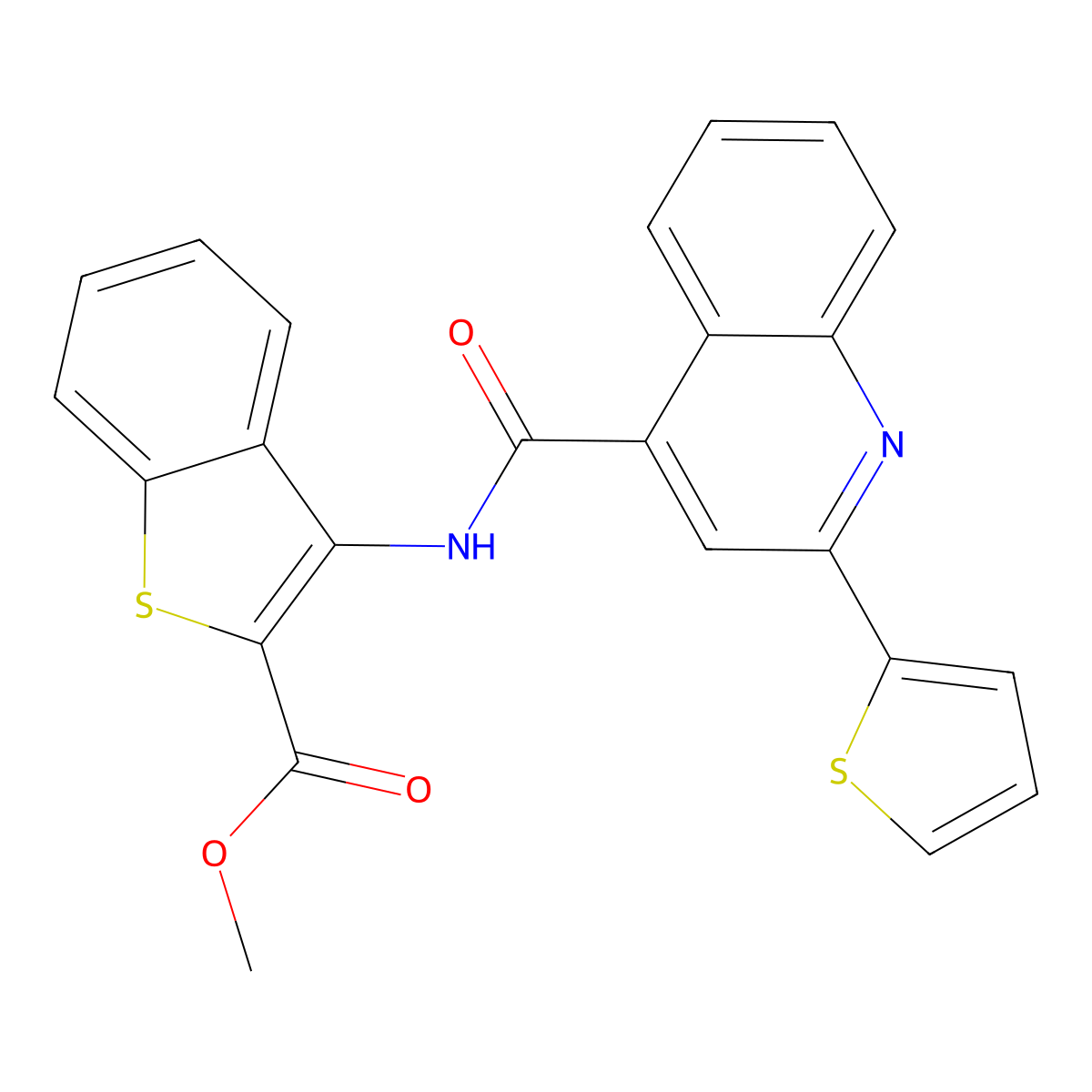 Methyl 3-(2-(thiophen-2-yl)quinoline-4-carboxamido)benzo[b]thiophene-2-carboxylate molecular structure, CAS 477534-76-2