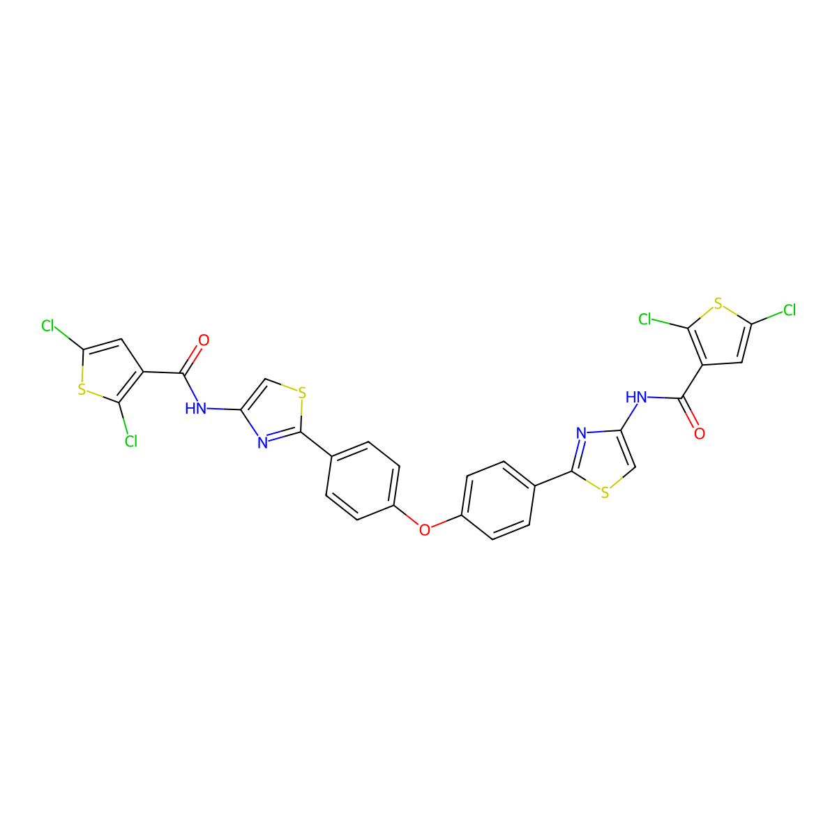 2,5-dichloro-N-[2-[4-[4-[4-[(2,5-dichlorothiophene-3-carbonyl)amino]-1,3-thiazol-2-yl]phenoxy]phenyl]-1,3-thiazol-4-yl]thiophene-3-carboxamide molecular structure, CAS 477536-01-9