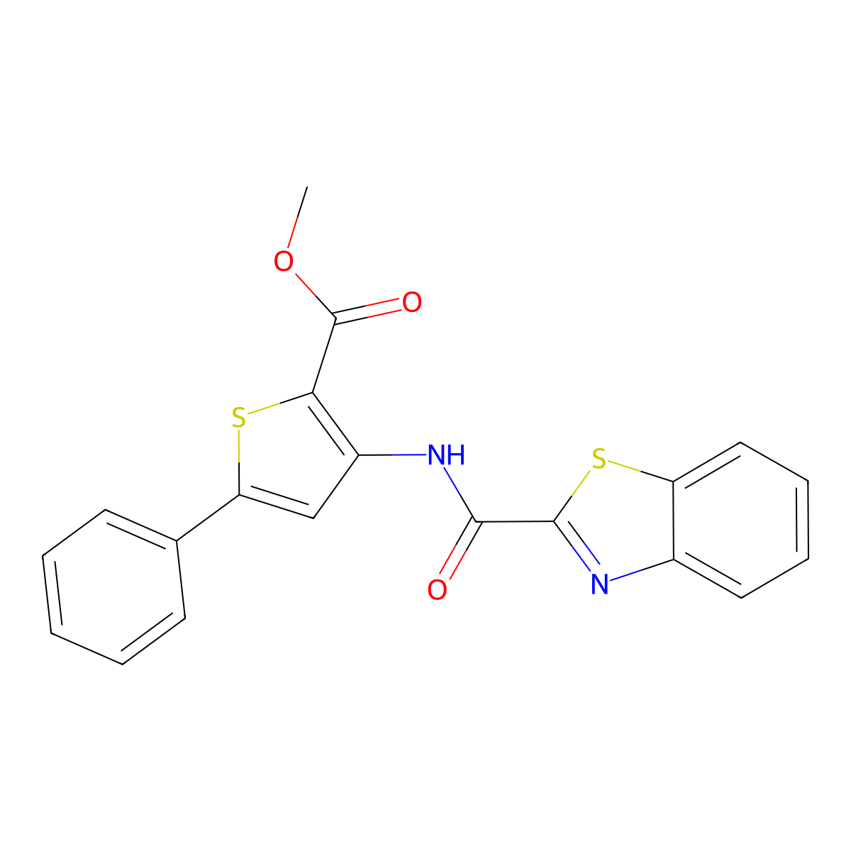 Methyl 3-(benzo[d]thiazole-2-carboxamido)-5-phenylthiophene-2-carboxylate molecular structure, CAS 477537-10-3
