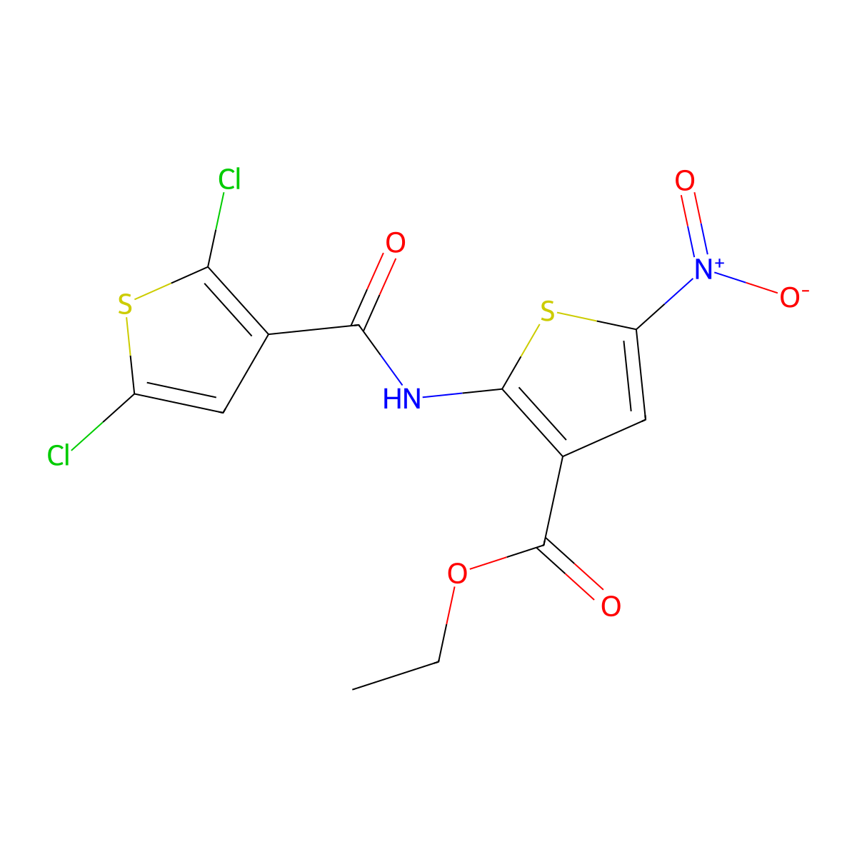 Ethyl 2-(2,5-dichlorothiophene-3-carboxamido)-5-nitrothiophene-3-carboxylate molecular structure, CAS 477537-23-8