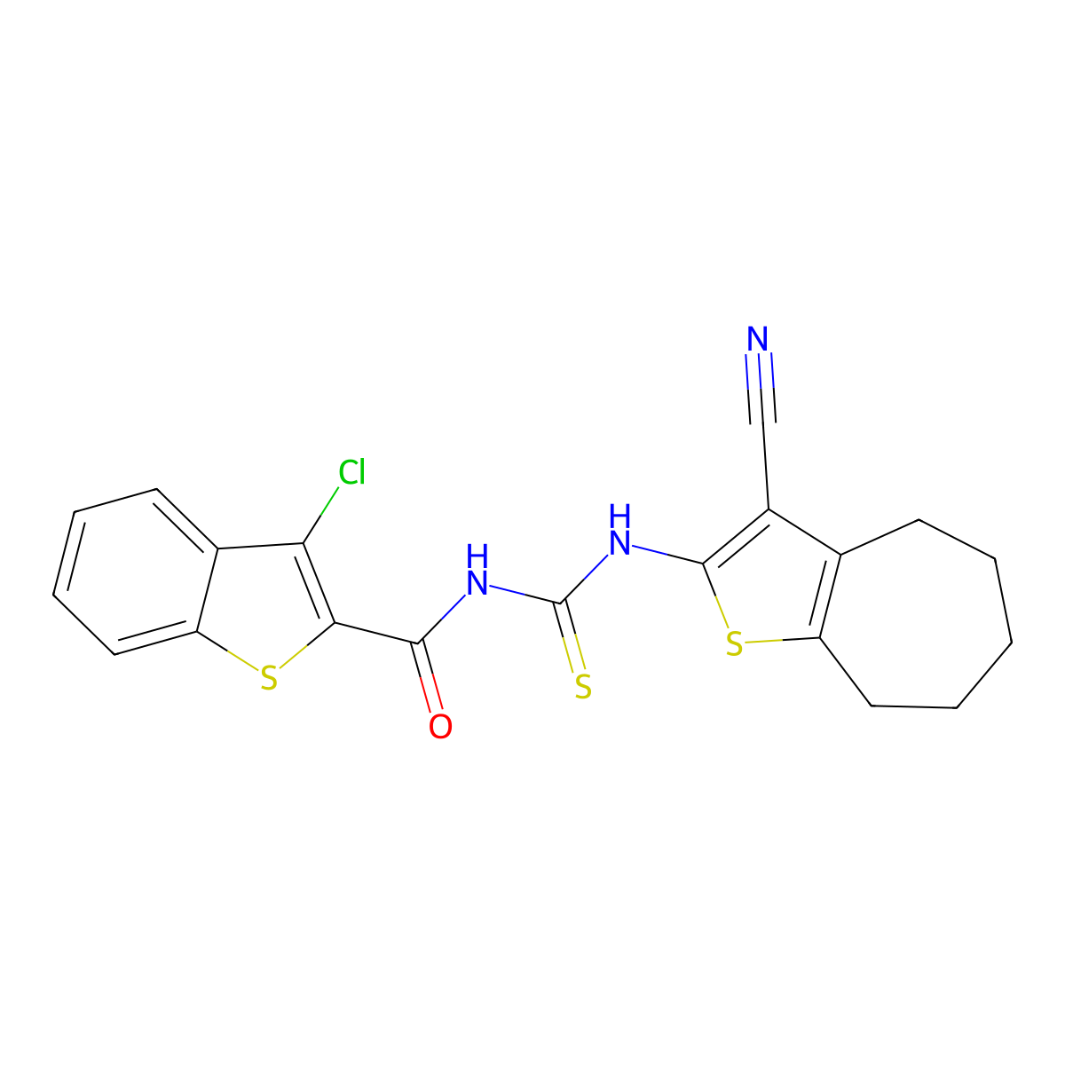 3-chloro-N-[(3-cyano-5,6,7,8-tetrahydro-4H-cyclohepta[b]thiophen-2-yl)carbamothioyl]-1-benzothiophene-2-carboxamide molecular structure, CAS 477537-45-4