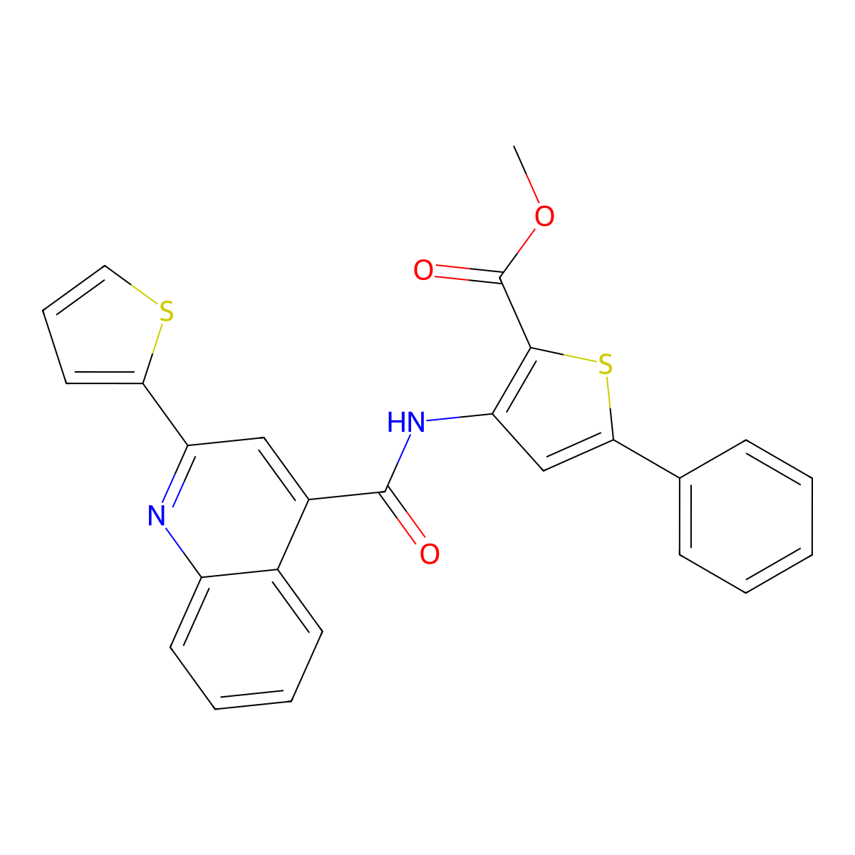 Methyl 5-phenyl-3-[(2-thiophen-2-ylquinoline-4-carbonyl)amino]thiophene-2-carboxylate molecular structure, CAS 477538-28-6