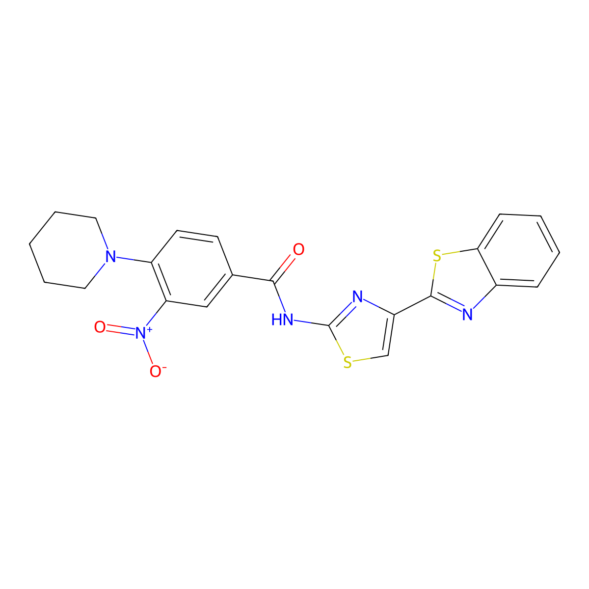 N-(4-(benzo[d]thiazol-2-yl)thiazol-2-yl)-3-nitro-4-(piperidin-1-yl)benzamide molecular structure, CAS 477538-96-8