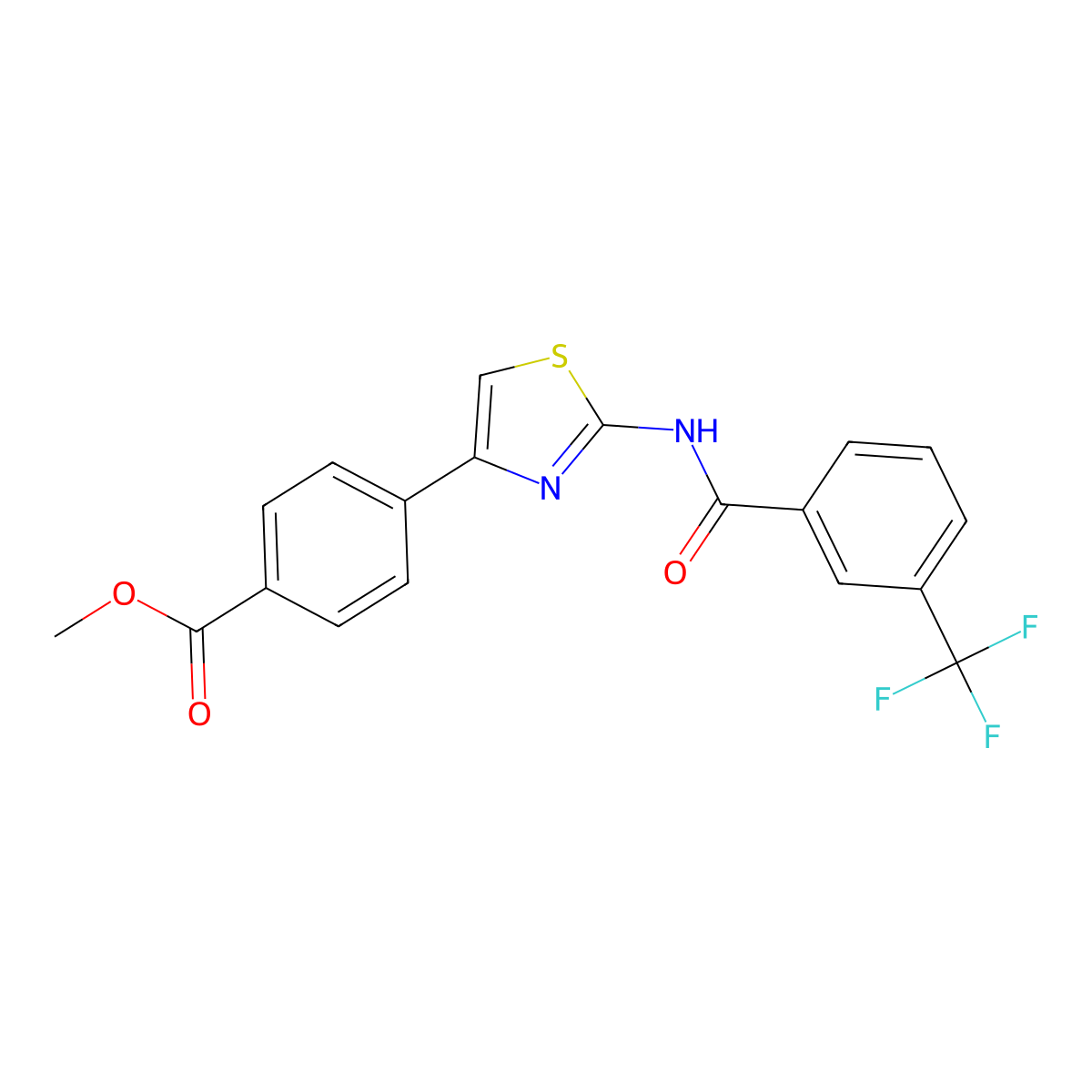 Methyl 4-(2-(3-(trifluoromethyl)benzamido)thiazol-4-yl)benzoate molecular structure, CAS 477539-09-6