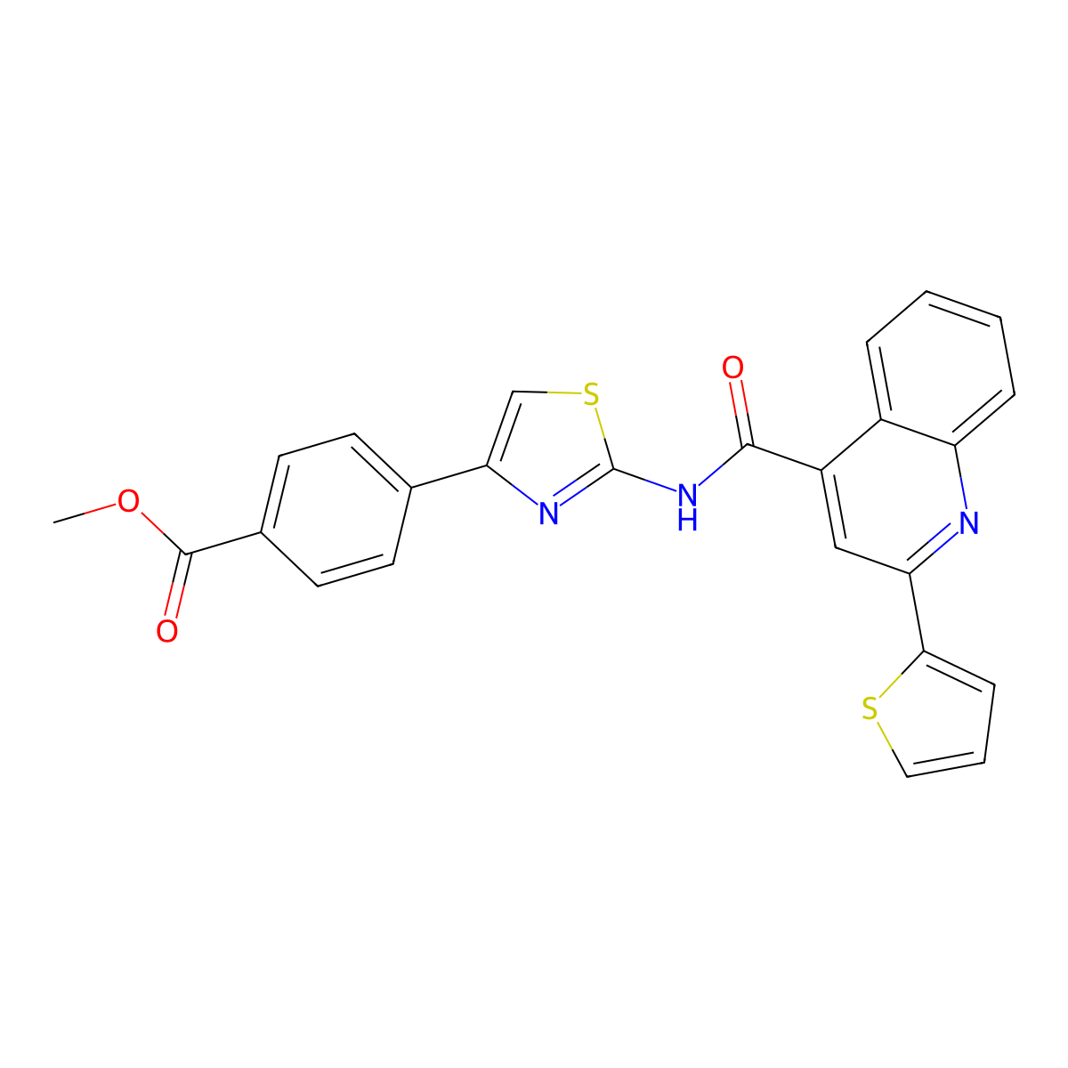 Methyl 4-(2-(2-(thiophen-2-yl)quinoline-4-carboxamido)thiazol-4-yl)benzoate molecular structure, CAS 477539-13-2