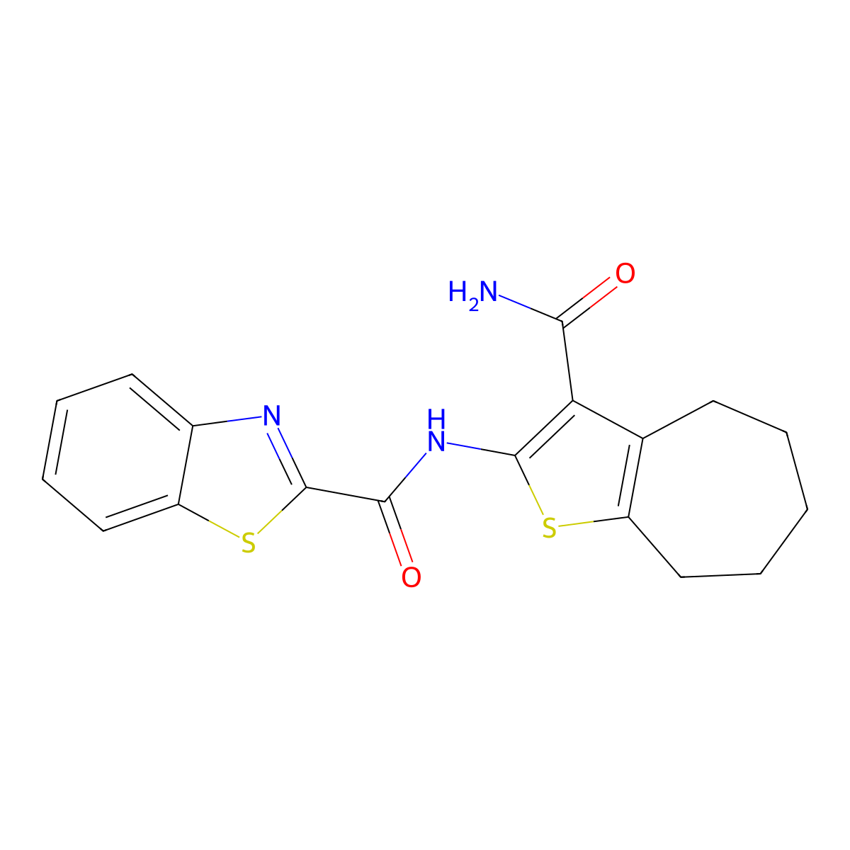 N-(3-carbamoyl-5,6,7,8-tetrahydro-4H-cyclohepta[b]thiophen-2-yl)benzo[d]thiazole-2-carboxamide molecular structure, CAS 477539-26-7