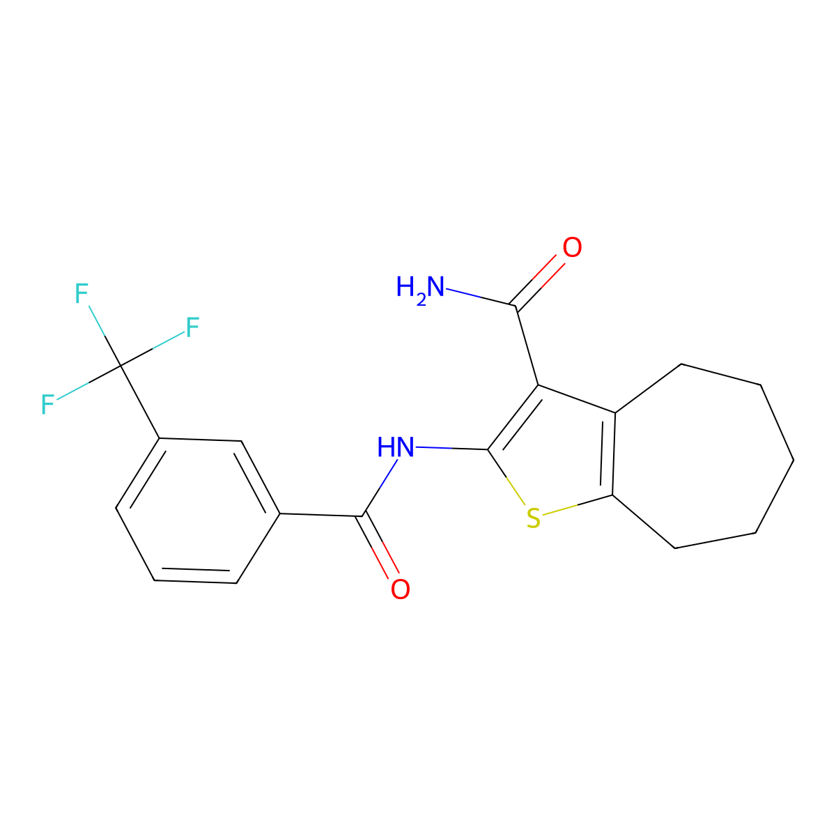 2-(3-(trifluoromethyl)benzamido)-5,6,7,8-tetrahydro-4H-cyclohepta[b]thiophene-3-carboxamide molecular structure, CAS 477539-29-0