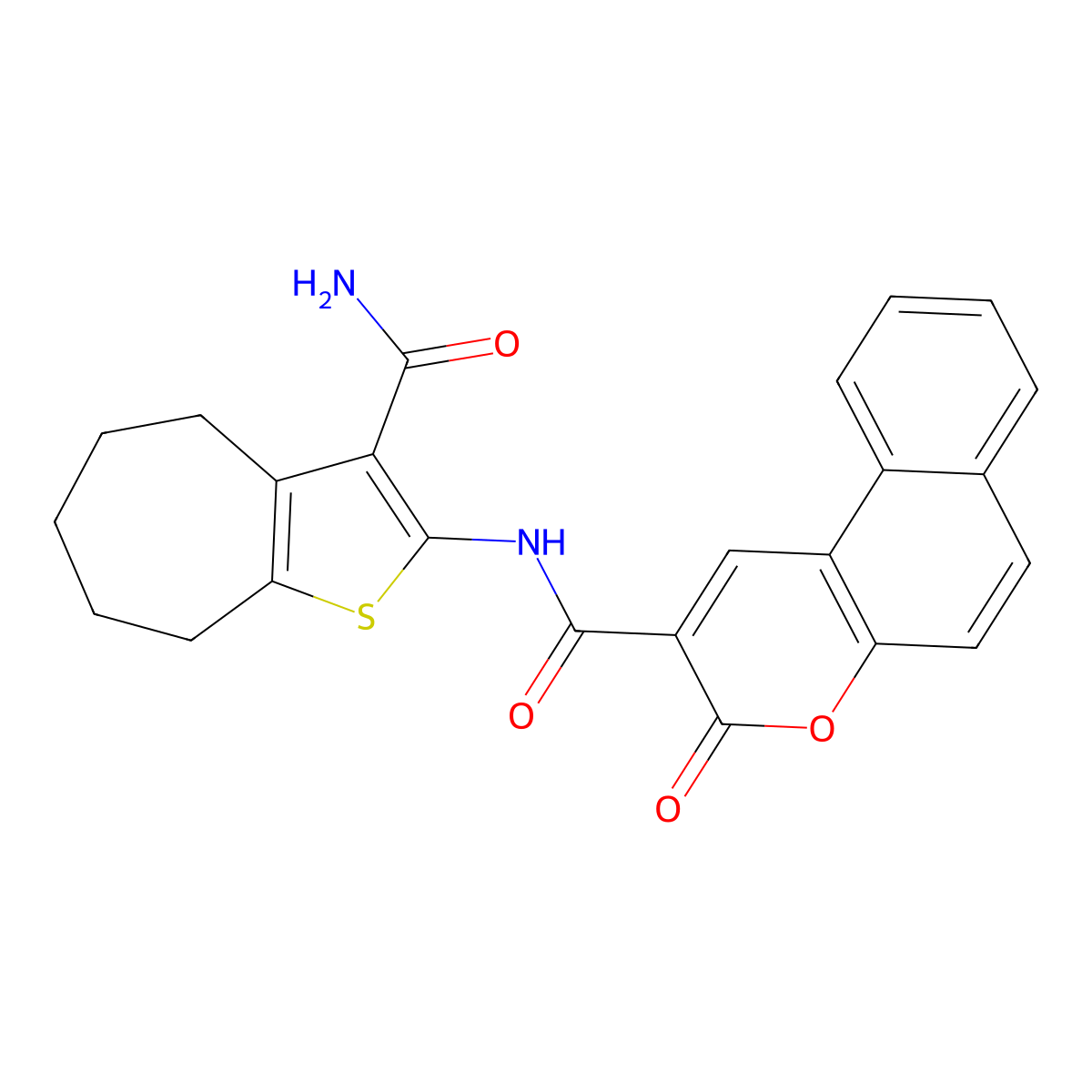 N-(3-carbamoyl-5,6,7,8-tetrahydro-4H-cyclohepta[b]thiophen-2-yl)-3-oxobenzo[f]chromene-2-carboxamide molecular structure, CAS 477539-33-6