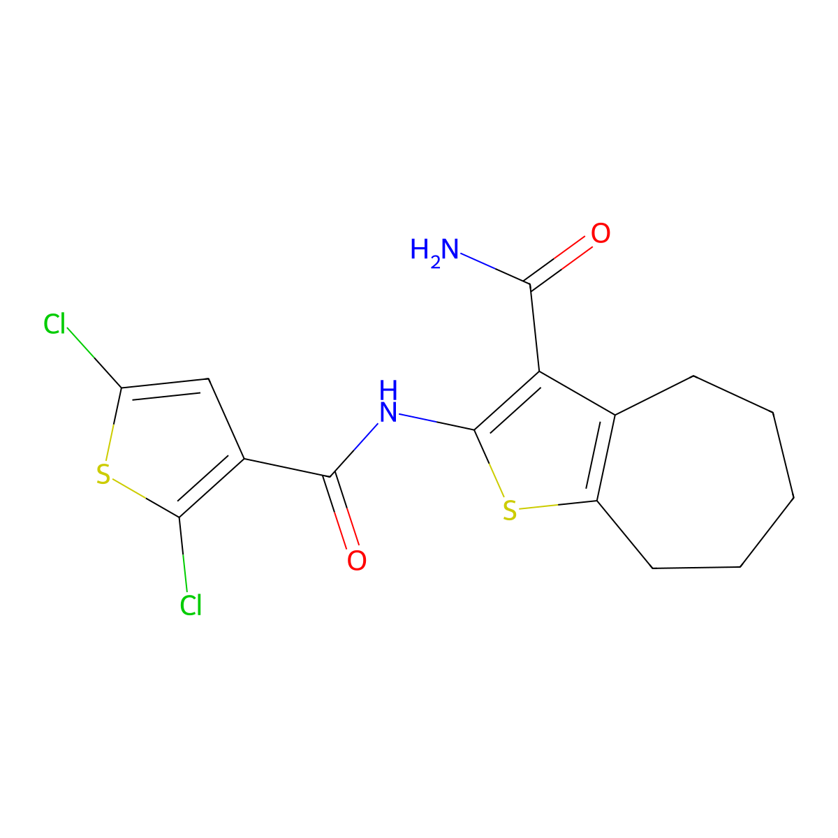 2-(2,5-dichlorothiophene-3-carboxamido)-5,6,7,8-tetrahydro-4H-cyclohepta[b]thiophene-3-carboxamide molecular structure, CAS 477539-34-7