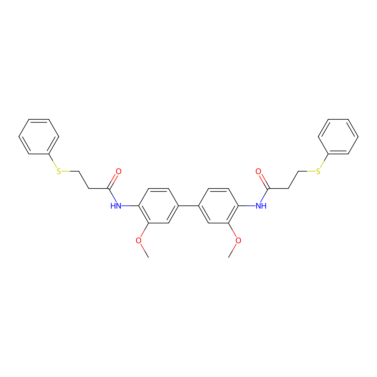 N-[2-methoxy-4-[3-methoxy-4-(3-phenylsulfanylpropanoylamino)phenyl]phenyl]-3-phenylsulfanylpropanamide molecular structure, CAS 477545-24-7