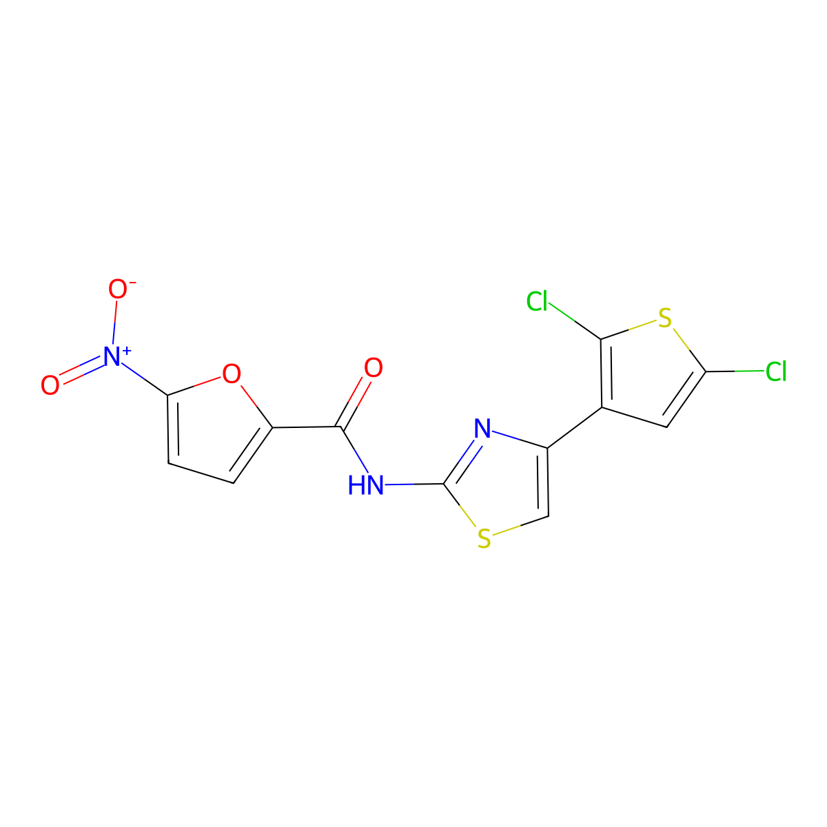 N-[4-(2,5-dichlorothiophen-3-yl)-1,3-thiazol-2-yl]-5-nitrofuran-2-carboxamide molecular structure, CAS 477546-27-3