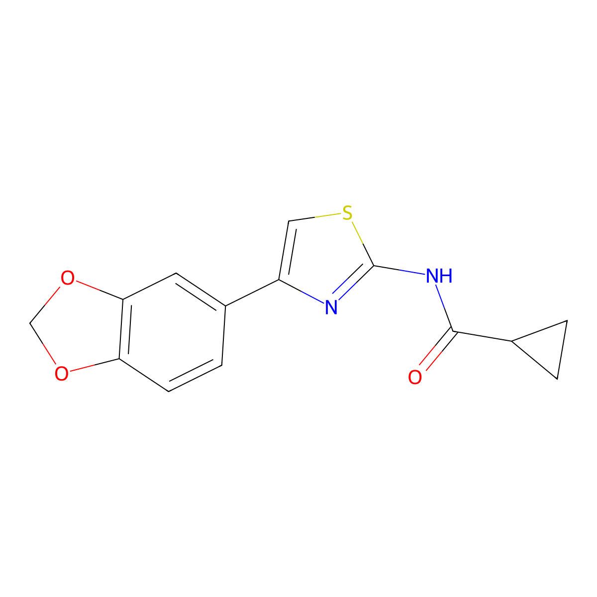 N-(4-(benzo[d][1,3]dioxol-5-yl)thiazol-2-yl)cyclopropanecarboxamide molecular structure, CAS 477547-40-3