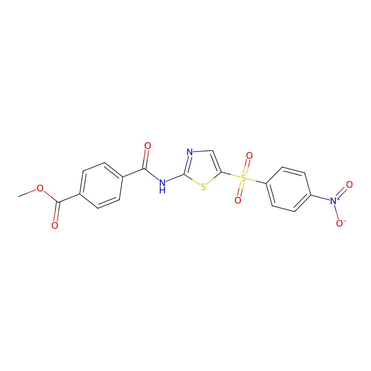 Methyl 4-[[5-(4-nitrophenyl)sulfonyl-1,3-thiazol-2-yl]carbamoyl]benzoate molecular structure, CAS 477548-54-2
