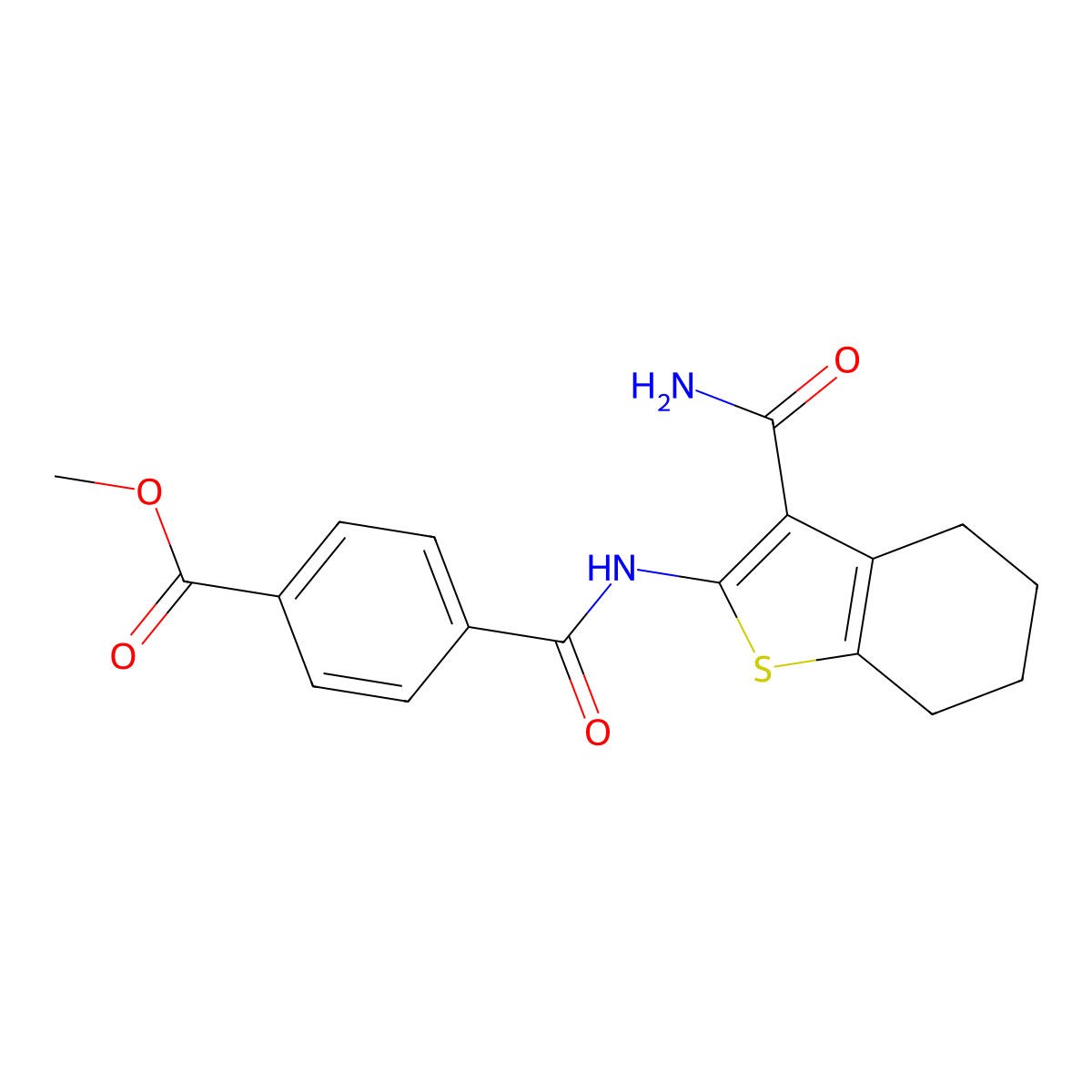 Methyl 4-[(3-carbamoyl-4,5,6,7-tetrahydro-1-benzothiophen-2-yl)carbamoyl]benzoate molecular structure, CAS 477548-56-4