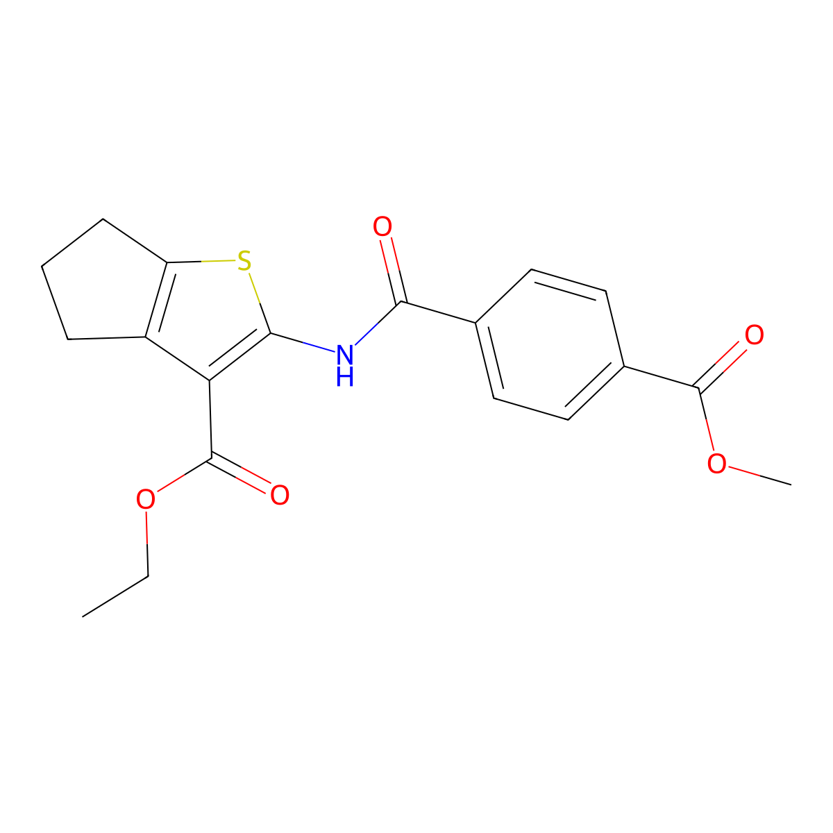 ethyl 2-(4-(methoxycarbonyl)benzamido)-5,6-dihydro-4H-cyclopenta[b]thiophene-3-carboxylate molecular structure, CAS 477548-57-5