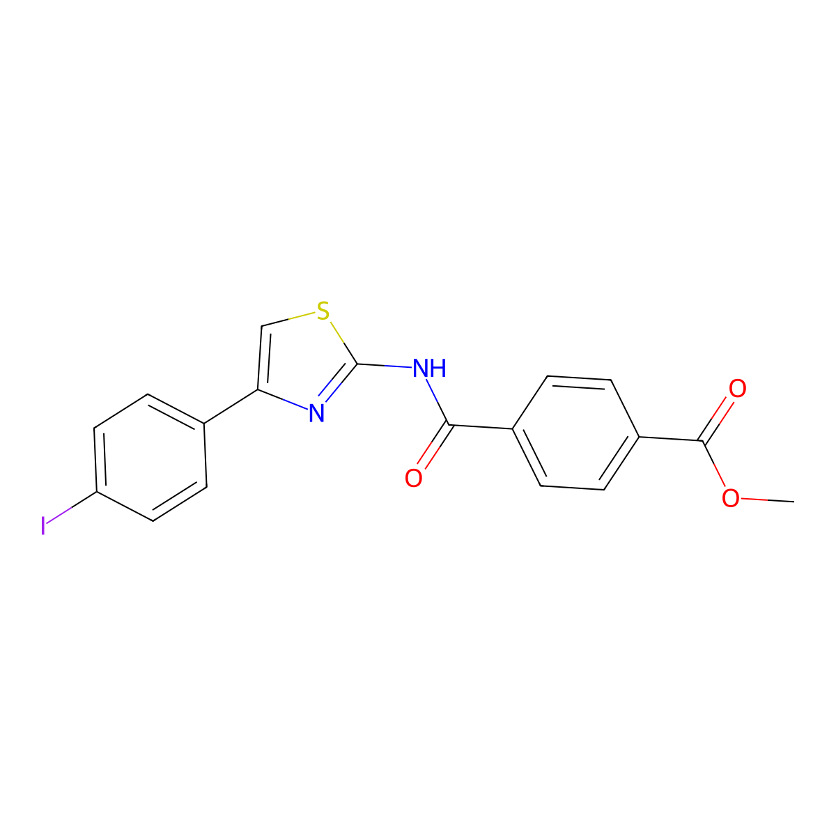 Methyl 4-[[4-(4-iodophenyl)-1,3-thiazol-2-yl]carbamoyl]benzoate molecular structure, CAS 477548-65-5
