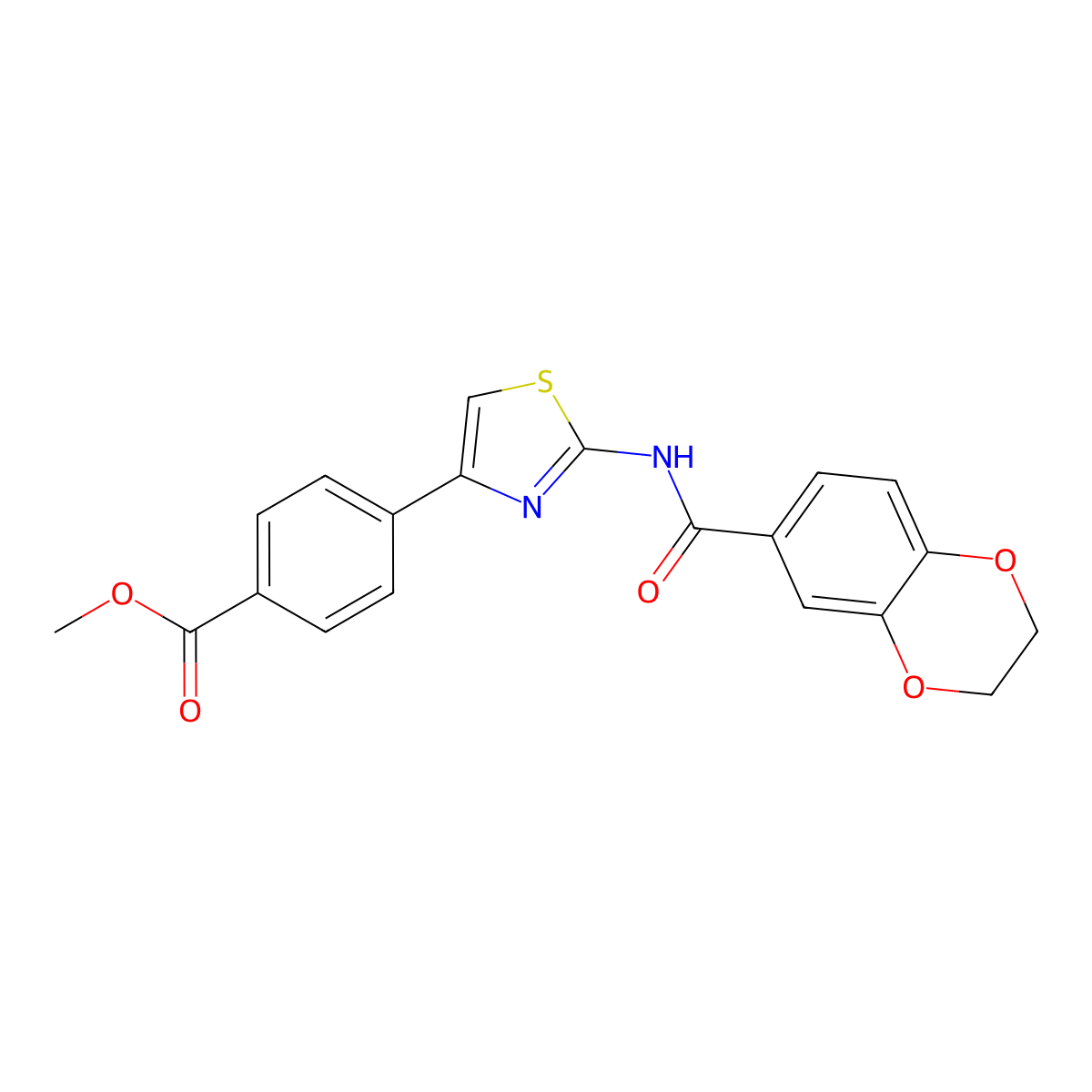 Methyl 4-(2-(2,3-dihydrobenzo[b][1,4]dioxine-6-carboxamido)thiazol-4-yl)benzoate molecular structure, CAS 477551-57-8