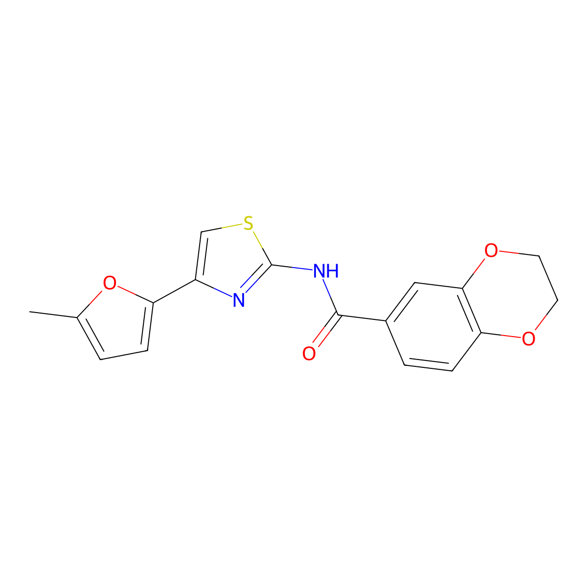 N-[4-(5-methylfuran-2-yl)-1,3-thiazol-2-yl]-2,3-dihydro-1,4-benzodioxine-6-carboxamide molecular structure, CAS 477551-96-5