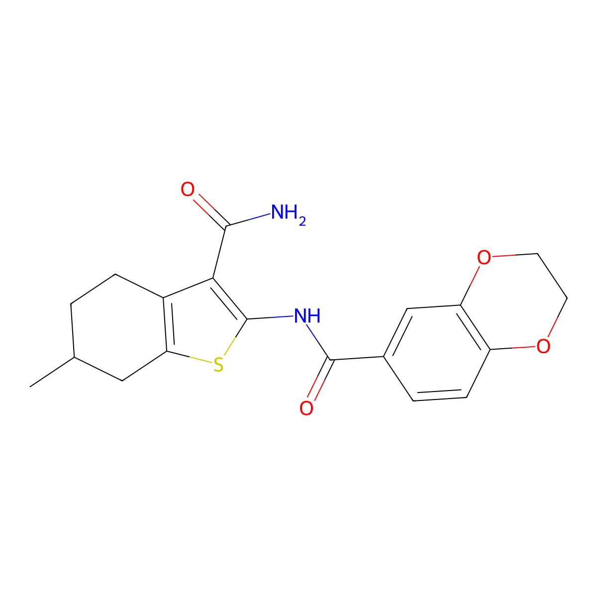 N-(3-carbamoyl-6-methyl-4,5,6,7-tetrahydro-1-benzothiophen-2-yl)-2,3-dihydro-1,4-benzodioxine-6-carboxamide molecular structure, CAS 477553-16-5