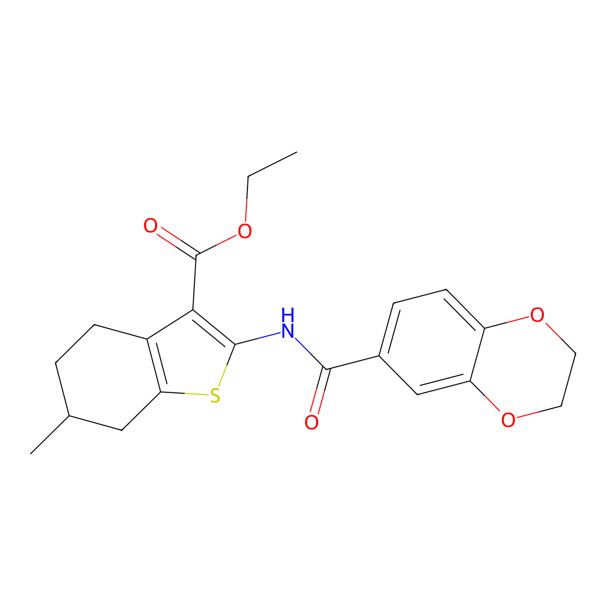 Ethyl 2-(2,3-dihydrobenzo[b][1,4]dioxine-6-carboxamido)-6-methyl-4,5,6,7-tetrahydrobenzo[b]thiophene-3-carboxylate molecular structure, CAS 477553-21-2
