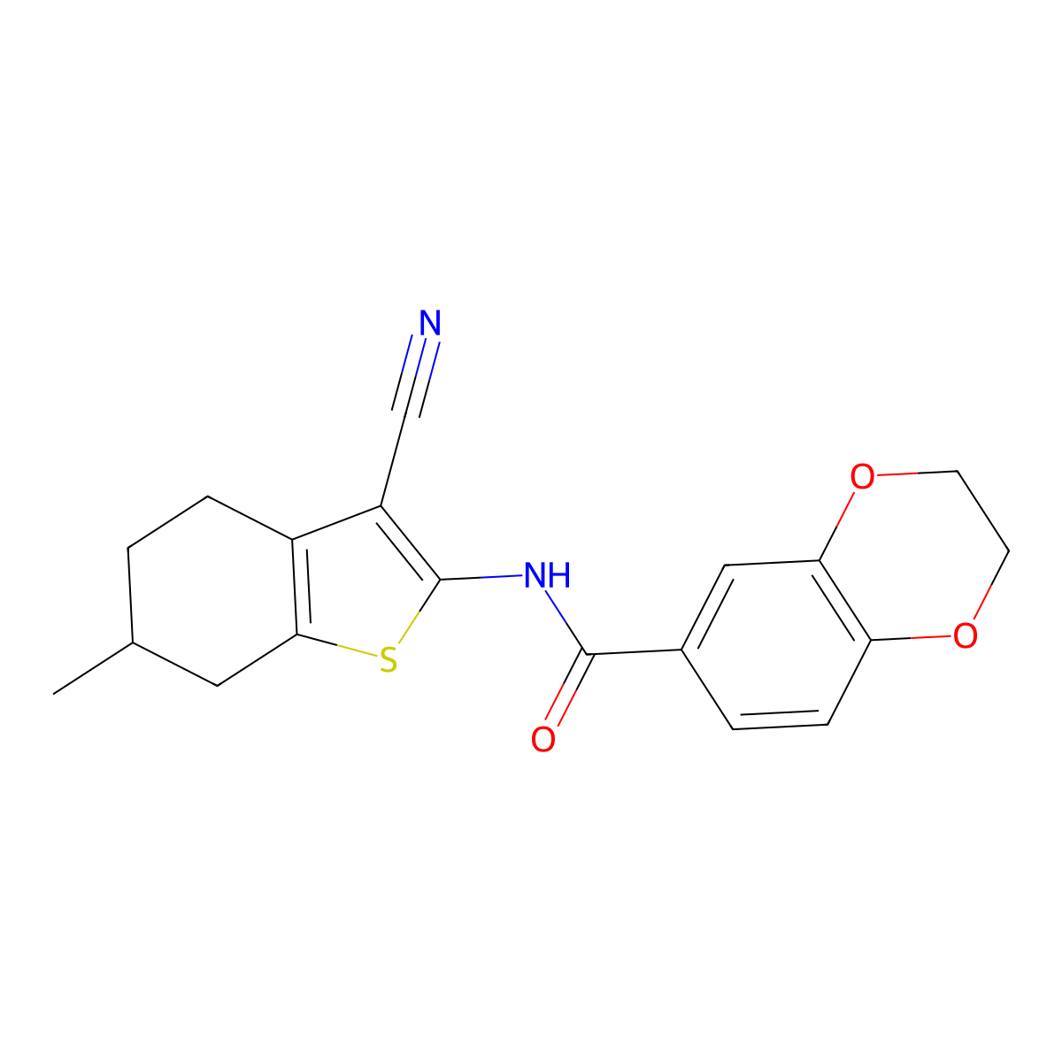 N-(3-cyano-6-methyl-4,5,6,7-tetrahydro-1-benzothiophen-2-yl)-2,3-dihydro-1,4-benzodioxine-6-carboxamide molecular structure, CAS 477553-23-4