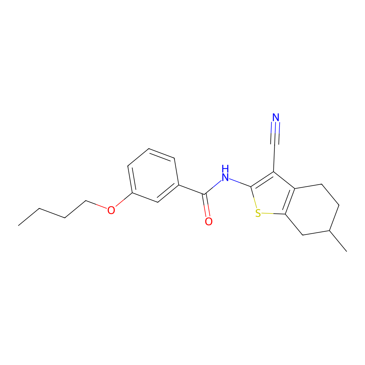 3-butoxy-N-(3-cyano-6-methyl-4,5,6,7-tetrahydro-1-benzothiophen-2-yl)benzamide molecular structure, CAS 477553-35-8