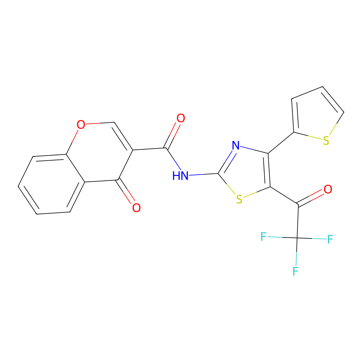4-oxo-N-[4-thiophen-2-yl-5-(2,2,2-trifluoroacetyl)-1,3-thiazol-2-yl]chromene-3-carboxamide molecular structure, CAS 477554-74-8