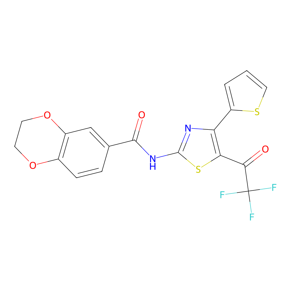 N-(4-(thiophen-2-yl)-5-(2,2,2-trifluoroacetyl)thiazol-2-yl)-2,3-dihydrobenzo[b][1,4]dioxine-6-carboxamide molecular structure, CAS 477554-75-9