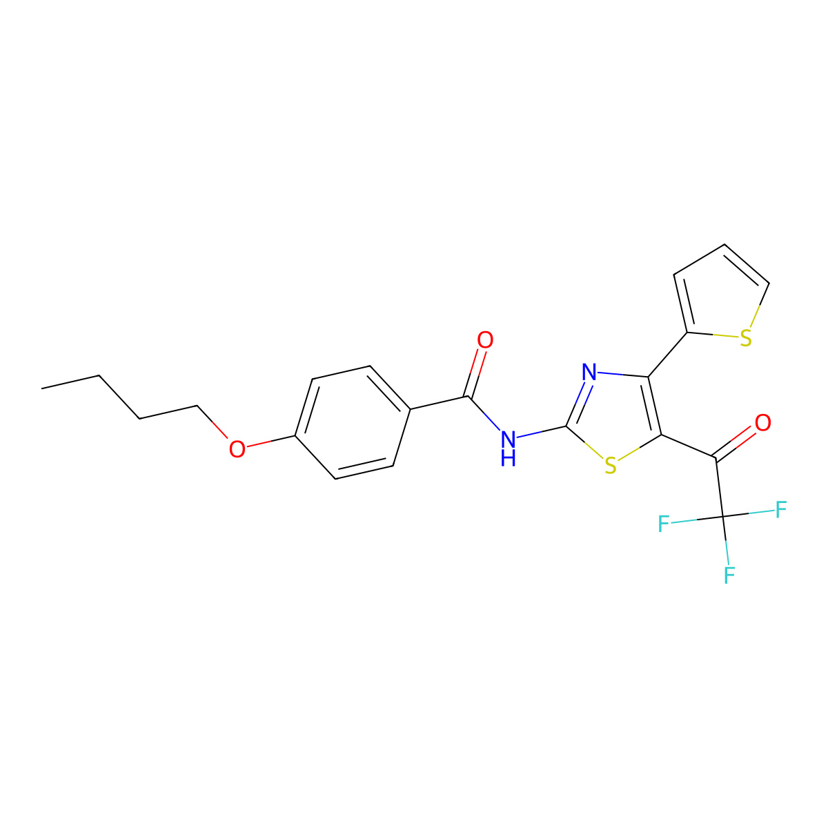 4-butoxy-N-(4-(thiophen-2-yl)-5-(2,2,2-trifluoroacetyl)thiazol-2-yl)benzamide molecular structure, CAS 477554-76-0