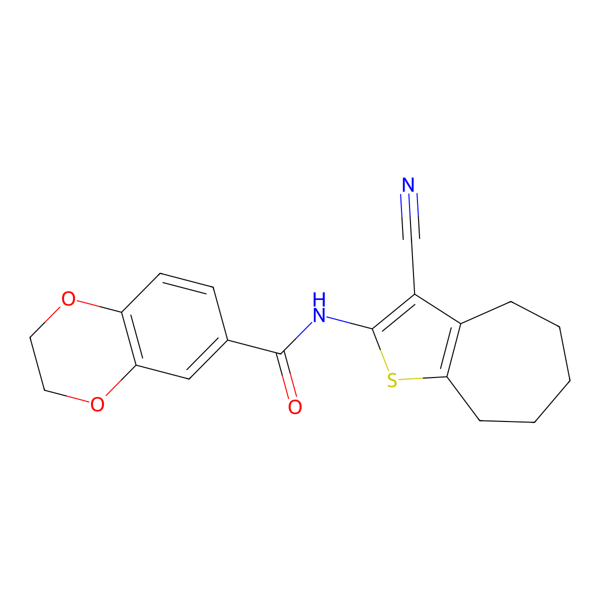 N-(3-cyano-5,6,7,8-tetrahydro-4H-cyclohepta[b]thiophen-2-yl)-2,3-dihydrobenzo[b][1,4]dioxine-6-carboxamide molecular structure, CAS 477555-72-9
