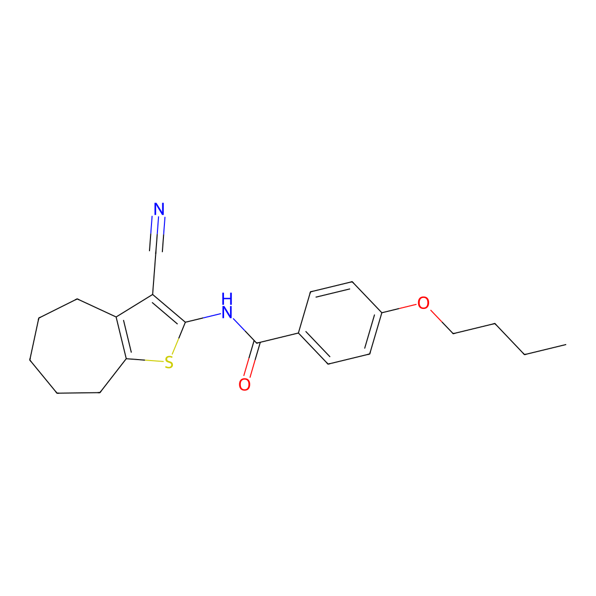 4-butoxy-N-(3-cyano-5,6,7,8-tetrahydro-4H-cyclohepta[b]thiophen-2-yl)benzamide molecular structure, CAS 477555-73-0