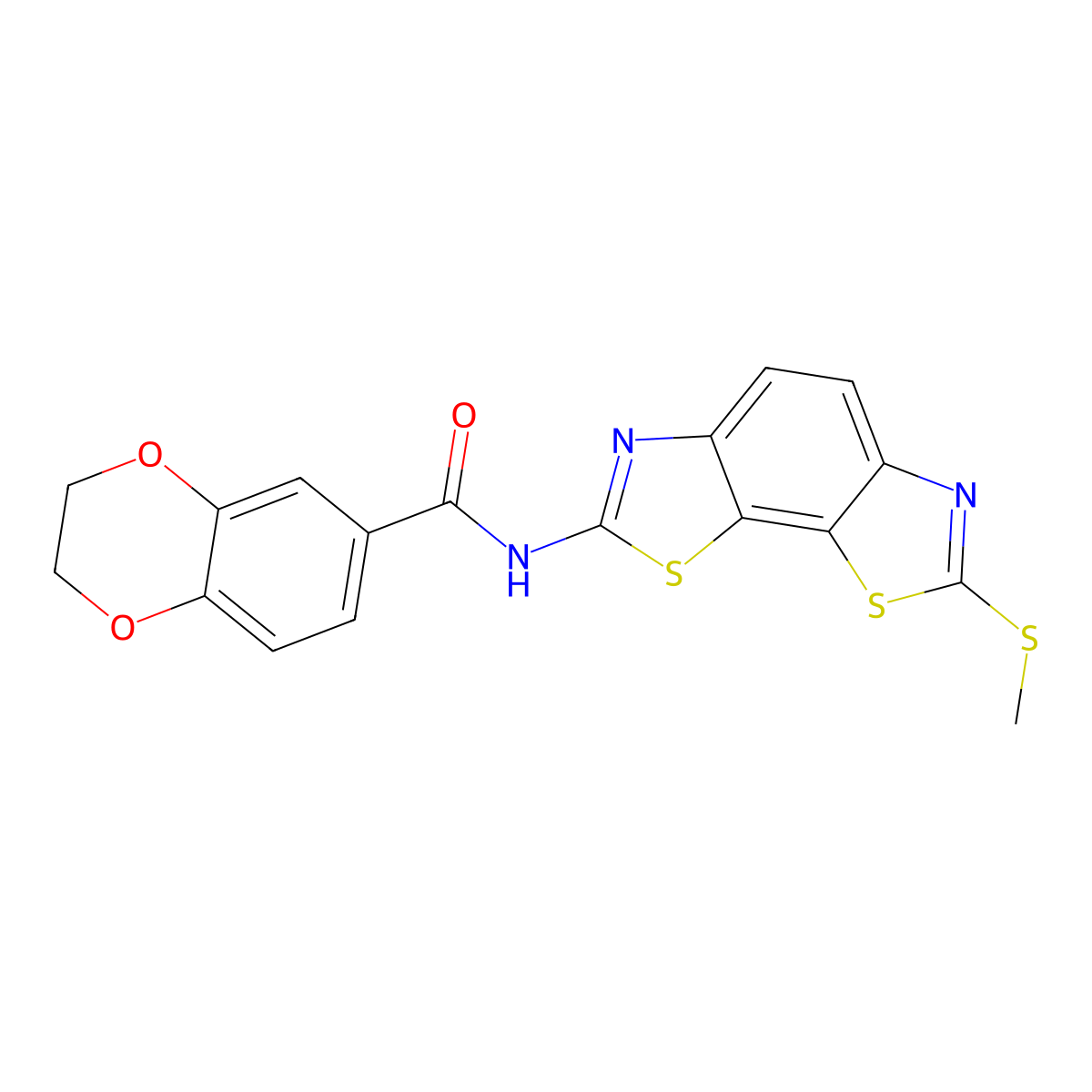 N-(2-methylsulfanyl-[1,3]thiazolo[4,5-g][1,3]benzothiazol-7-yl)-2,3-dihydro-1,4-benzodioxine-6-carboxamide molecular structure, CAS 477556-13-1