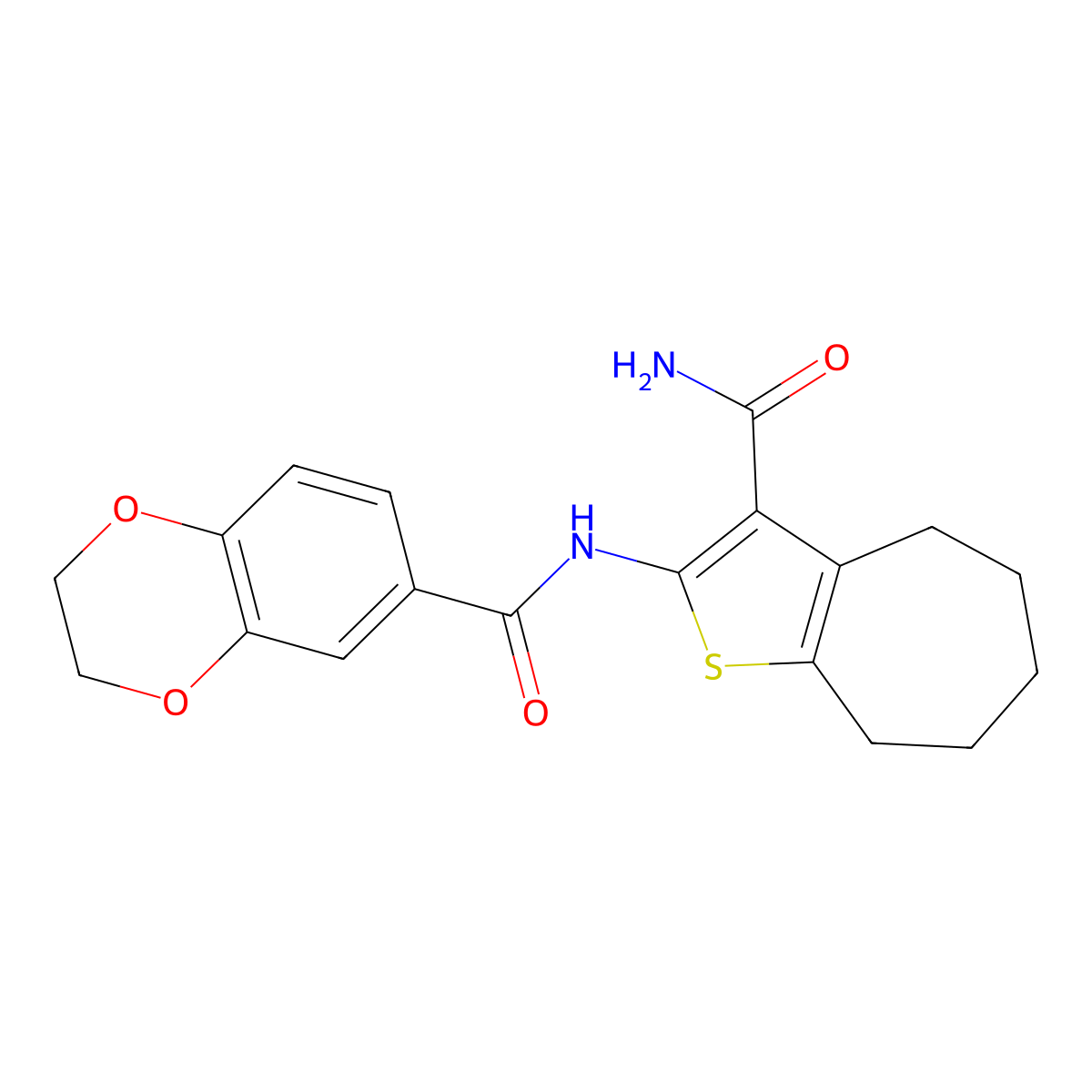 N-(3-carbamoyl-5,6,7,8-tetrahydro-4H-cyclohepta[b]thiophen-2-yl)-2,3-dihydro-1,4-benzodioxine-6-carboxamide molecular structure, CAS 477556-27-7