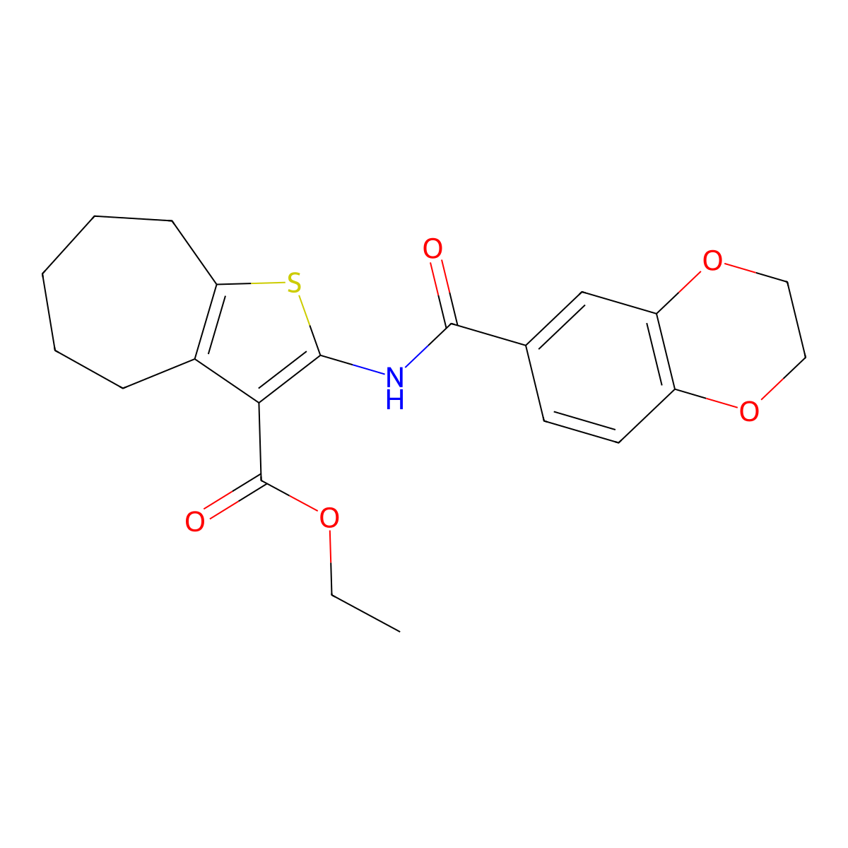 ethyl 2-(2,3-dihydrobenzo[b][1,4]dioxine-6-carboxamido)-5,6,7,8-tetrahydro-4H-cyclohepta[b]thiophene-3-carboxylate molecular structure, CAS 477556-29-9