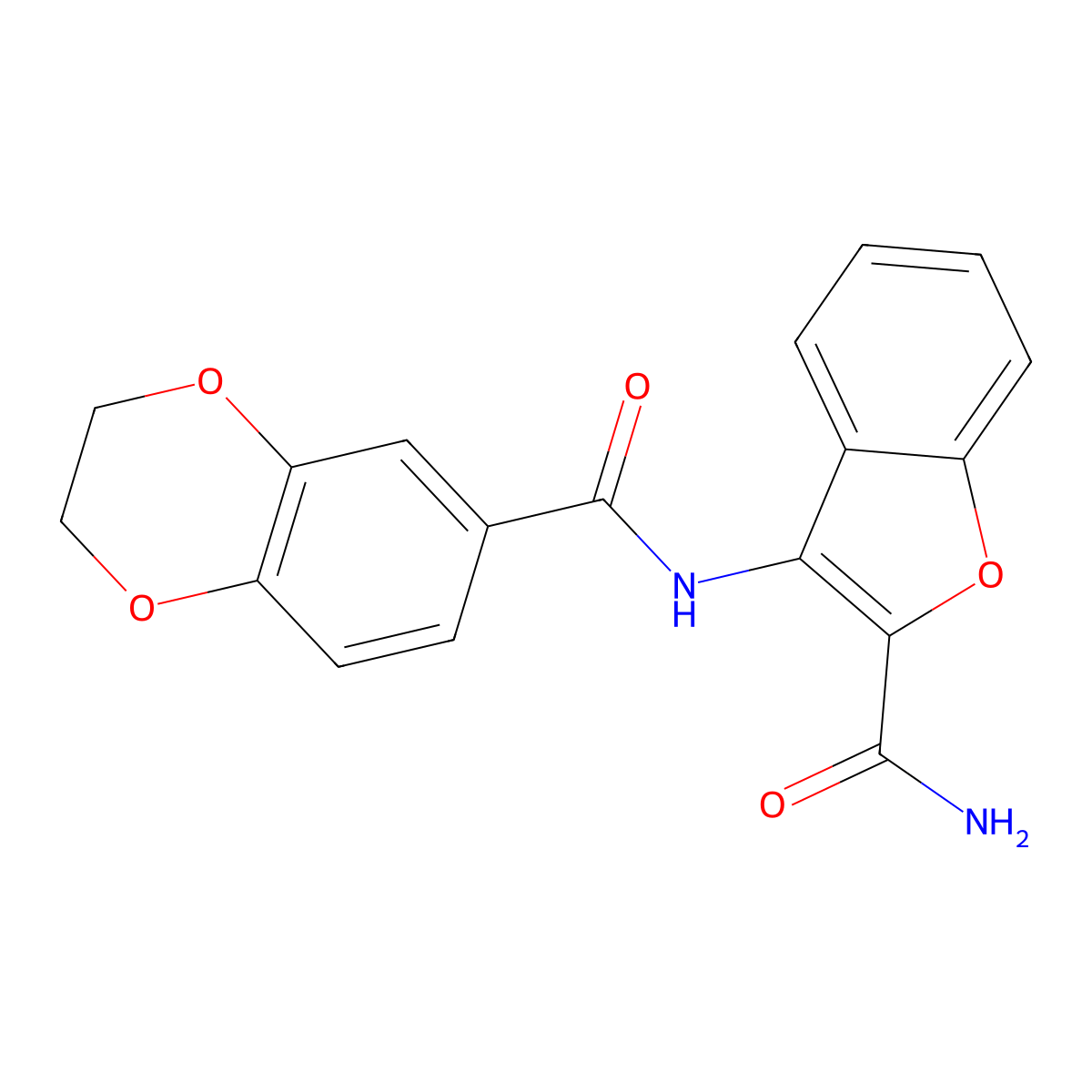 N-(2-carbamoyl-1-benzofuran-3-yl)-2,3-dihydro-1,4-benzodioxine-6-carboxamide molecular structure, CAS 477556-35-7