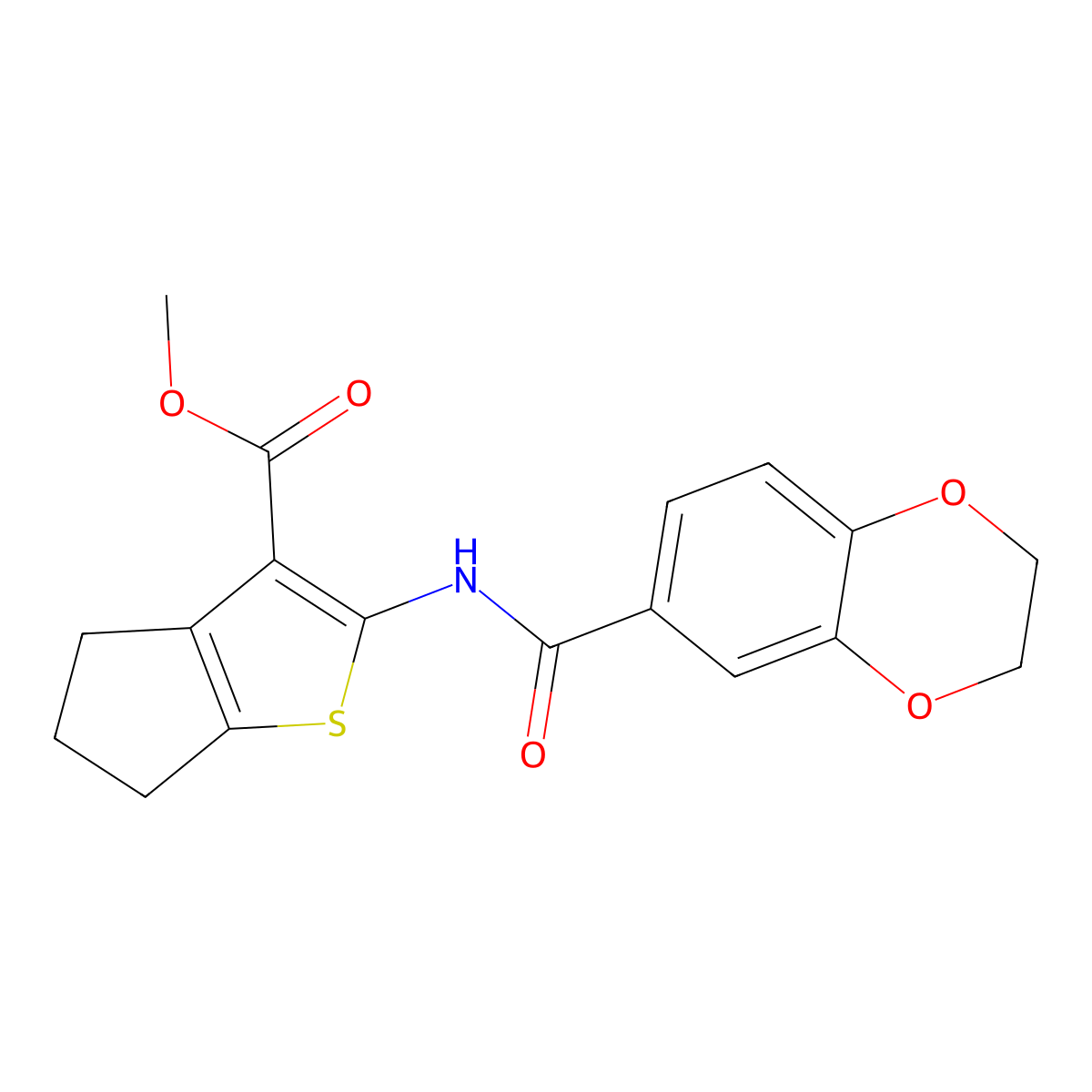 methyl 2-(2,3-dihydro-1,4-benzodioxine-6-carbonylamino)-5,6-dihydro-4H-cyclopenta[b]thiophene-3-carboxylate molecular structure, CAS 477556-59-5