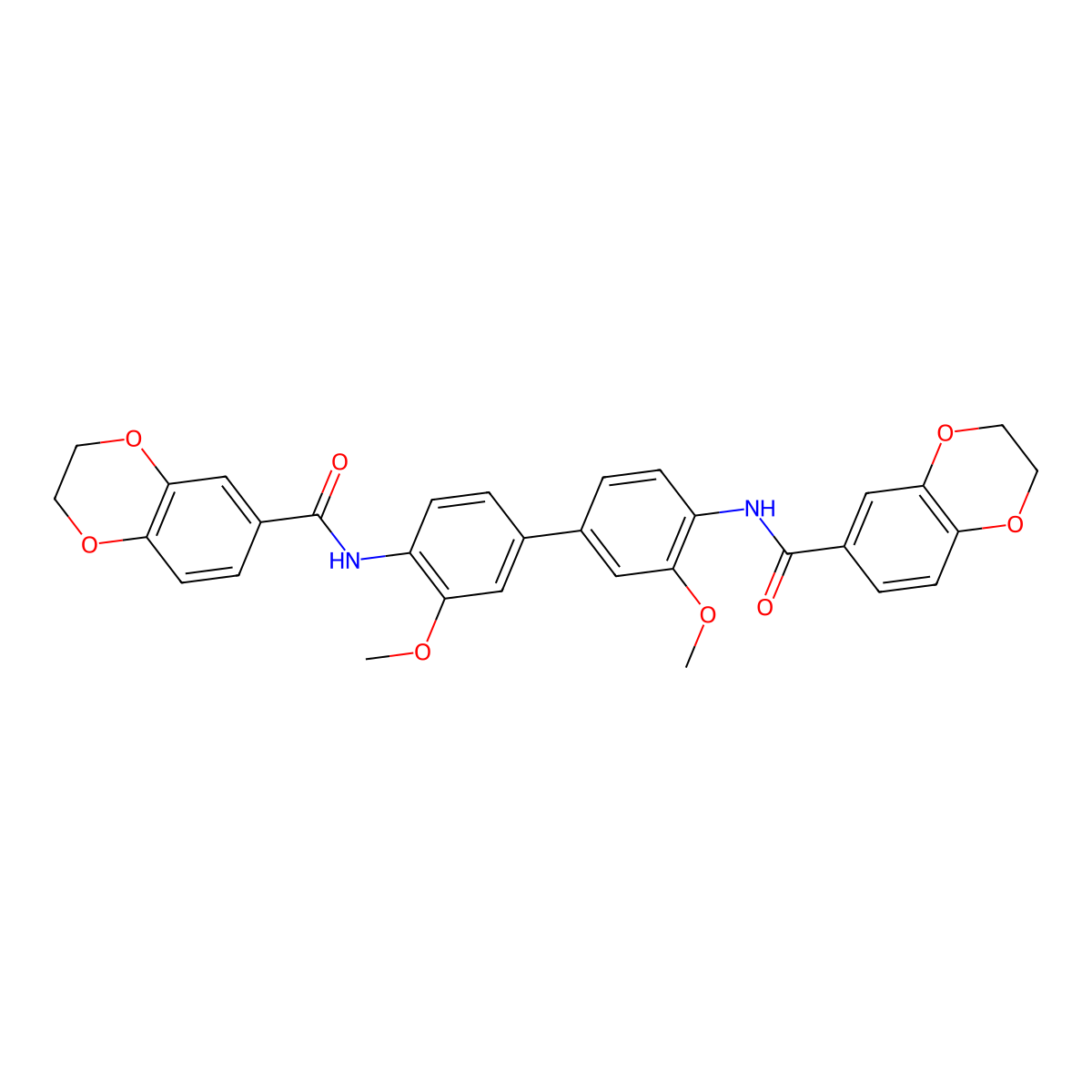 N,N'-(3,3'-dimethoxy-[1,1'-biphenyl]-4,4'-diyl)bis(2,3-dihydrobenzo[b][1,4]dioxine-6-carboxamide) molecular structure, CAS 477556-82-4