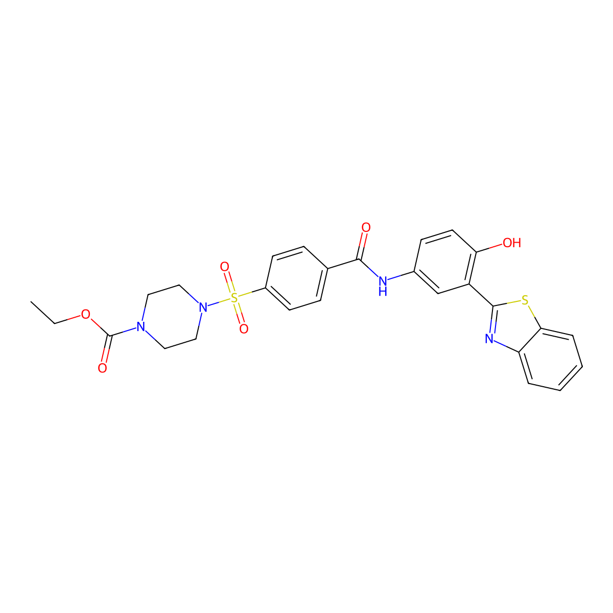 Ethyl 4-((4-((3-(benzo[d]thiazol-2-yl)-4-hydroxyphenyl)carbamoyl)phenyl)sulfonyl)piperazine-1-carboxylate molecular structure, CAS 477557-48-5