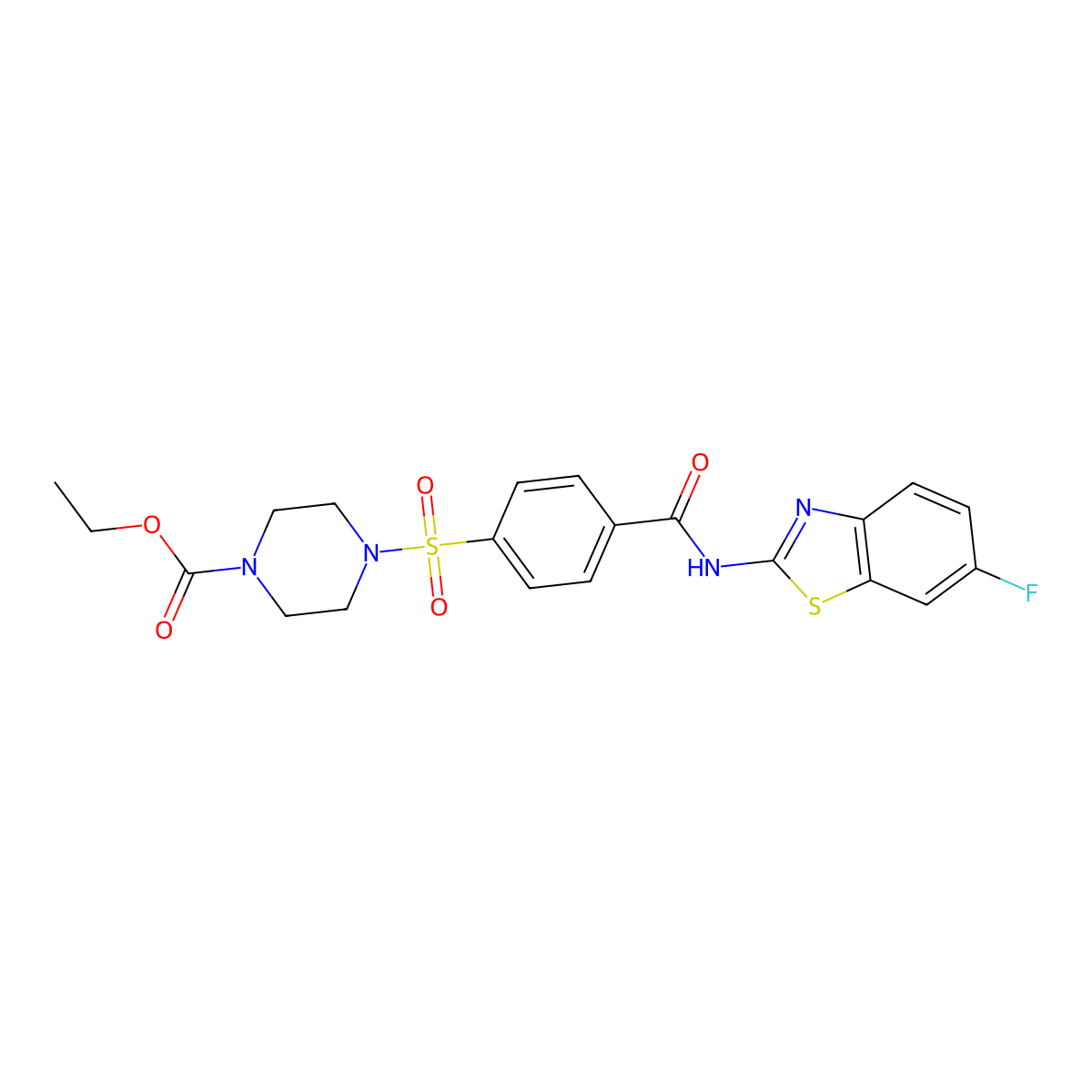 Ethyl 4-((4-((6-fluorobenzo[d]thiazol-2-yl)carbamoyl)phenyl)sulfonyl)piperazine-1-carboxylate molecular structure, CAS 477557-49-6