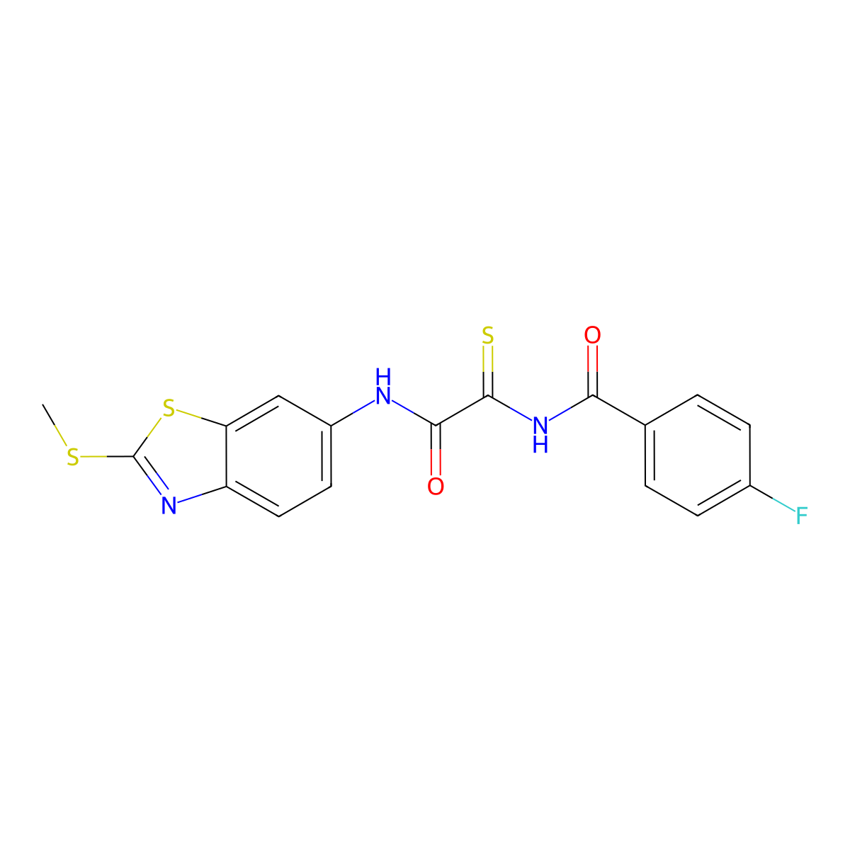 4-fluoro-N-(2-((2-(methylthio)benzo[d]thiazol-6-yl)amino)-2-oxoethanethioyl)benzamide molecular structure, CAS 477557-58-7