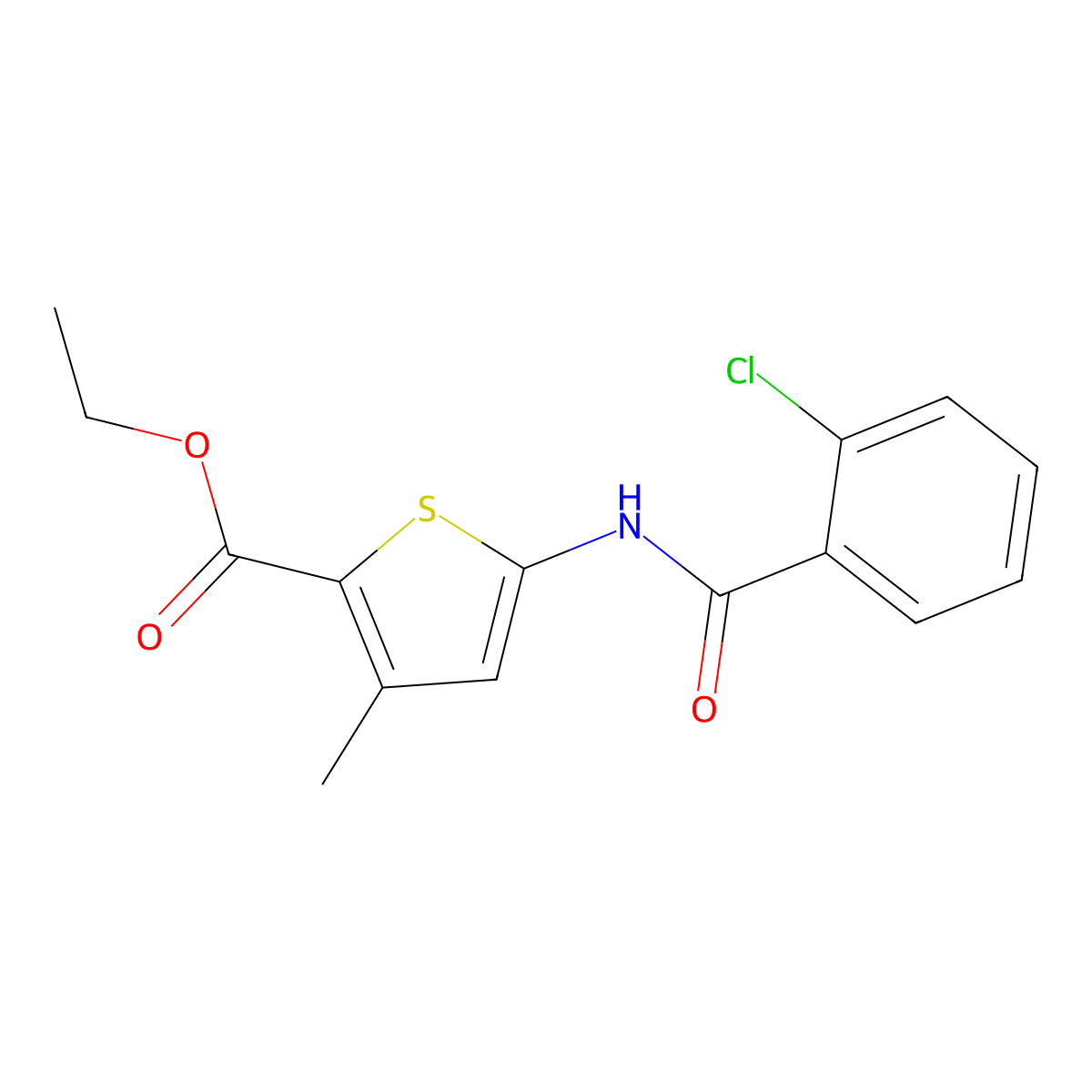 Ethyl 5-(2-chlorobenzamido)-3-methylthiophene-2-carboxylate molecular structure, CAS 477567-33-2