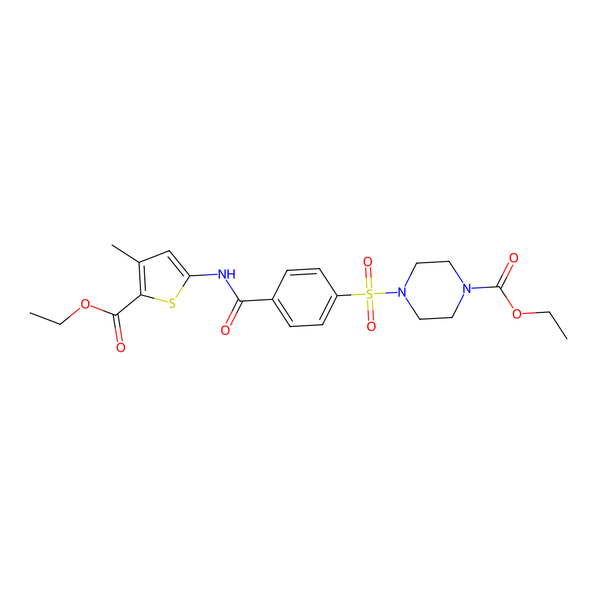 Ethyl 4-[4-[(5-ethoxycarbonyl-4-methylthiophen-2-yl)carbamoyl]phenyl]sulfonylpiperazine-1-carboxylate molecular structure, CAS 477568-20-0