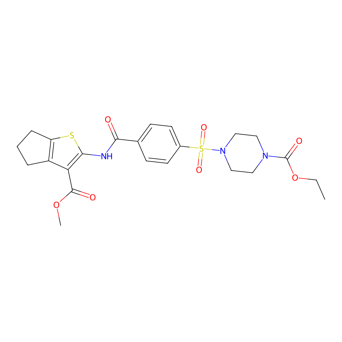 ethyl 4-((4-((3-(methoxycarbonyl)-5,6-dihydro-4H-cyclopenta[b]thiophen-2-yl)carbamoyl)phenyl)sulfonyl)piperazine-1-carboxylate molecular structure, CAS 477570-76-6