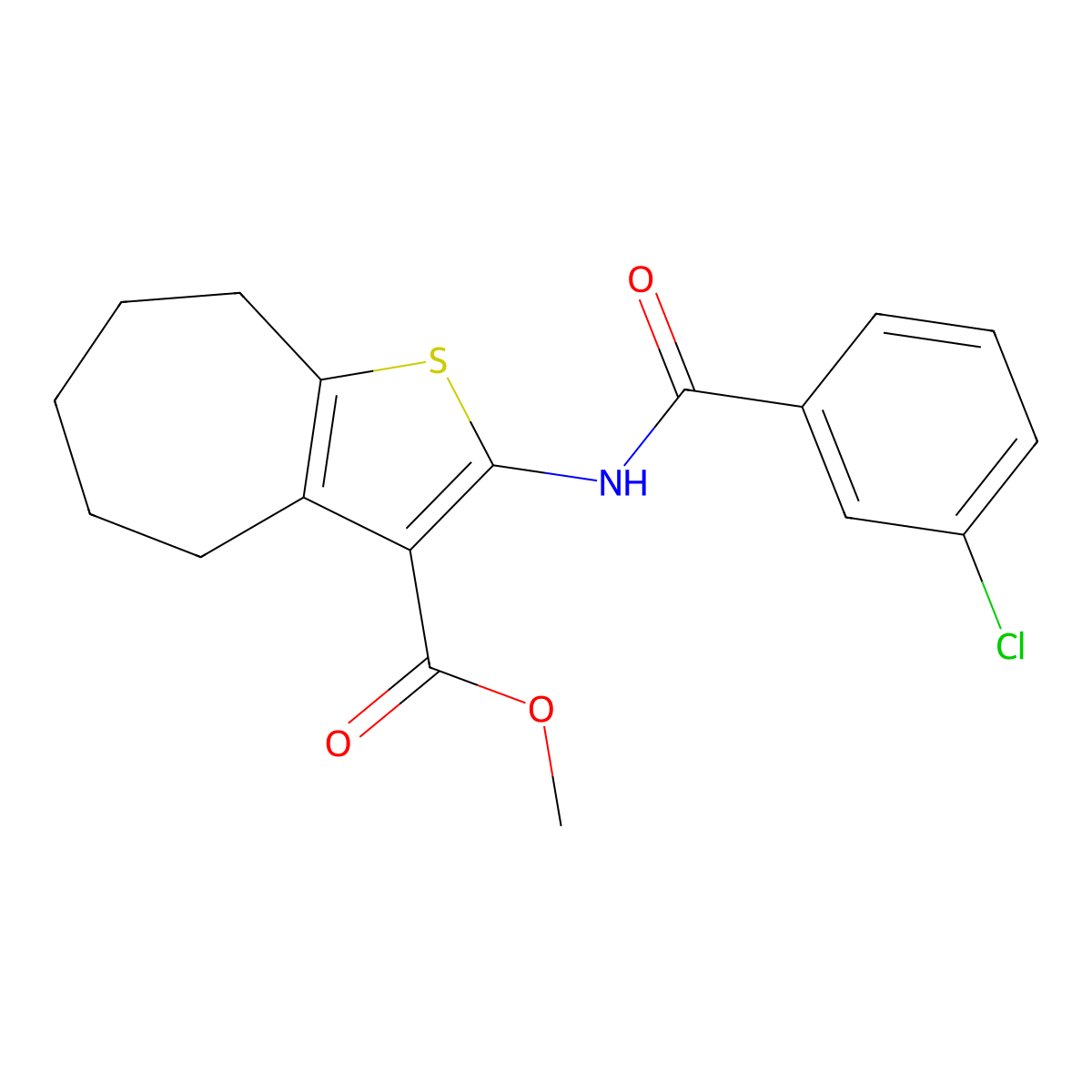 methyl 2-[(3-chlorobenzoyl)amino]-5,6,7,8-tetrahydro-4H-cyclohepta[b]thiophene-3-carboxylate molecular structure, CAS 477571-01-0