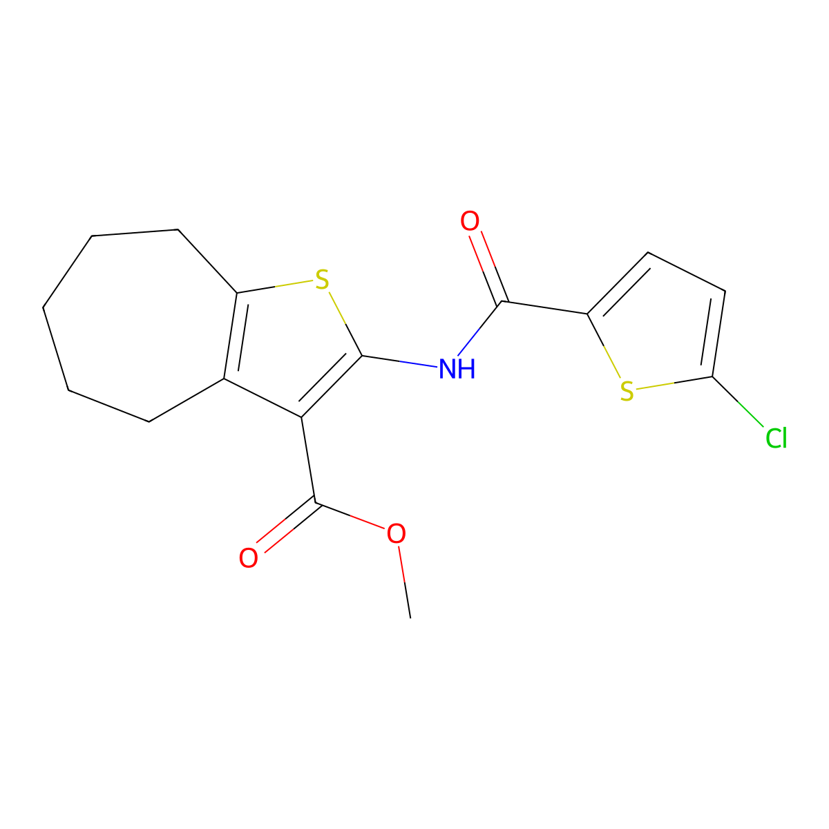 methyl 2-(5-chlorothiophene-2-carboxamido)-5,6,7,8-tetrahydro-4H-cyclohepta[b]thiophene-3-carboxylate molecular structure, CAS 477571-33-8