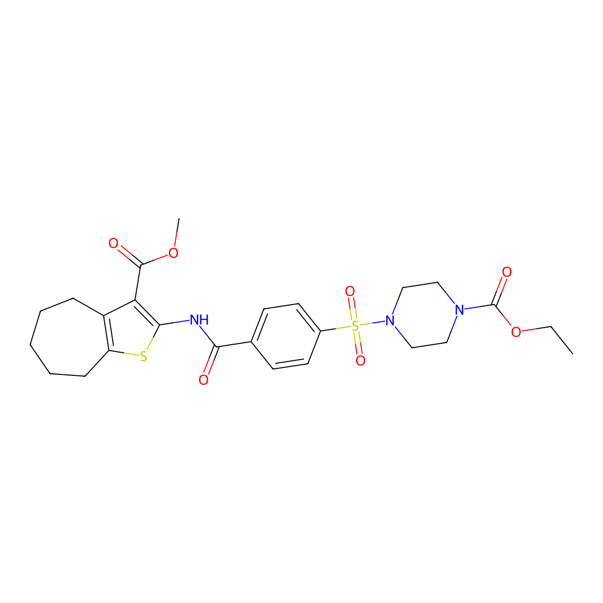 ethyl 4-((4-((3-(methoxycarbonyl)-5,6,7,8-tetrahydro-4H-cyclohepta[b]thiophen-2-yl)carbamoyl)phenyl)sulfonyl)piperazine-1-carboxylate molecular structure, CAS 477571-74-7