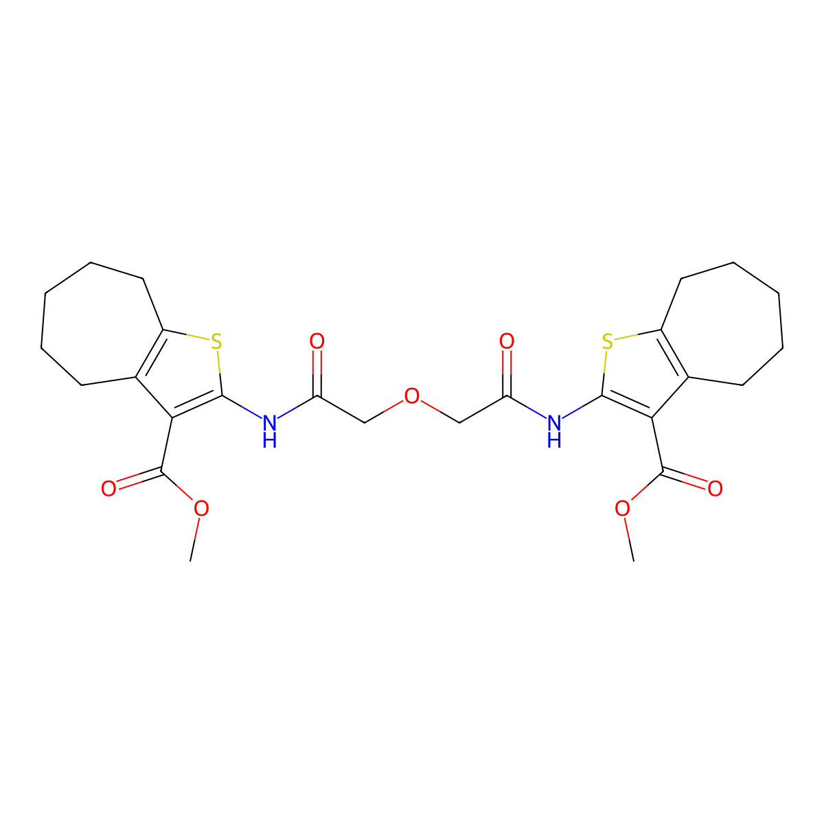 methyl 2-[[2-[2-[(3-methoxycarbonyl-5,6,7,8-tetrahydro-4H-cyclohepta[b]thiophen-2-yl)amino]-2-oxoethoxy]acetyl]amino]-5,6,7,8-tetrahydro-4H-cyclohepta[b]thiophene-3-carboxylate molecular structure, CAS 477571-96-3